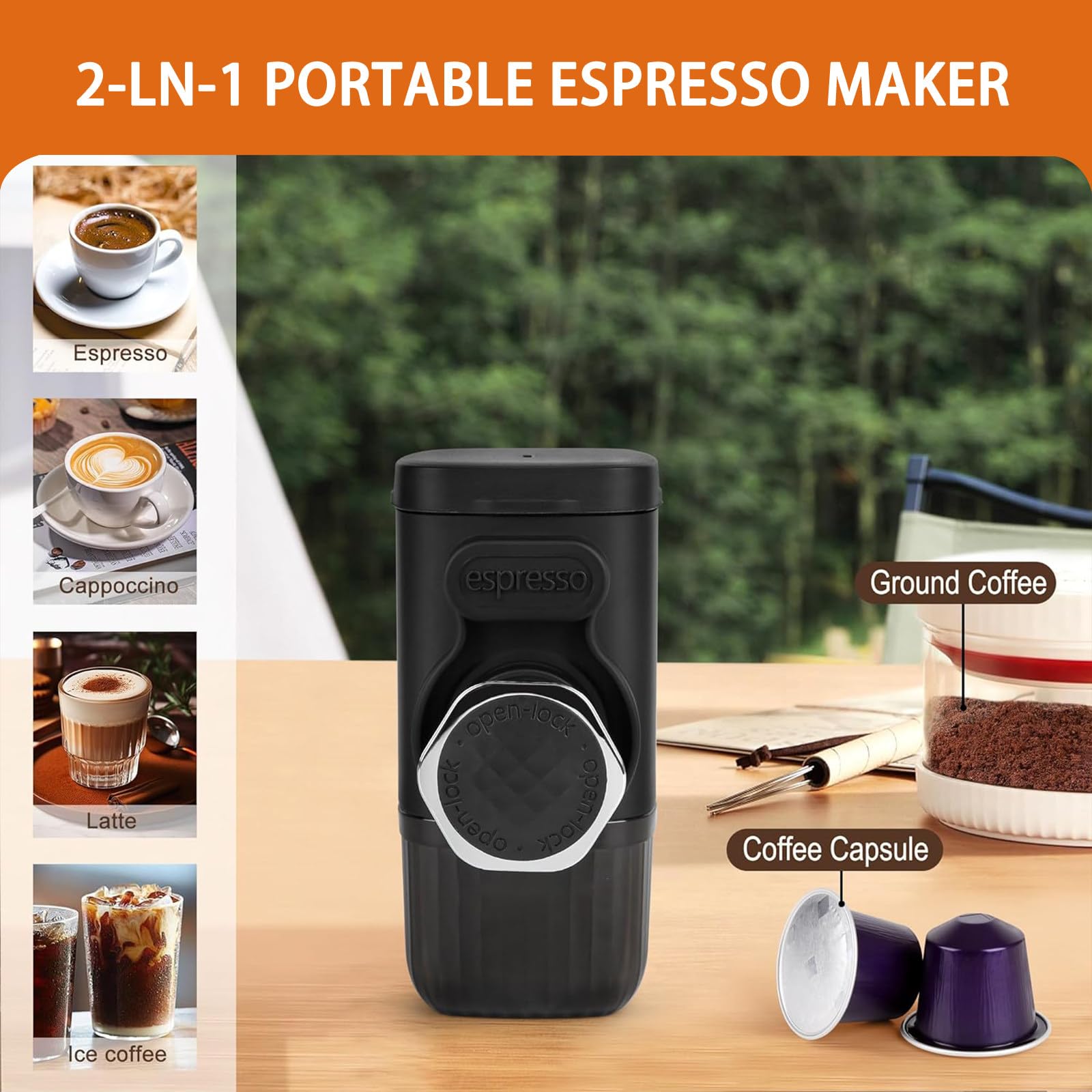 Máquina de café espresso portátil, Cafetera Express 18 bares de accionamiento manual, compatible con cápsulas NS, Cafetera Espresso sobre la marcha, ultra-pequeño para viajes Camp