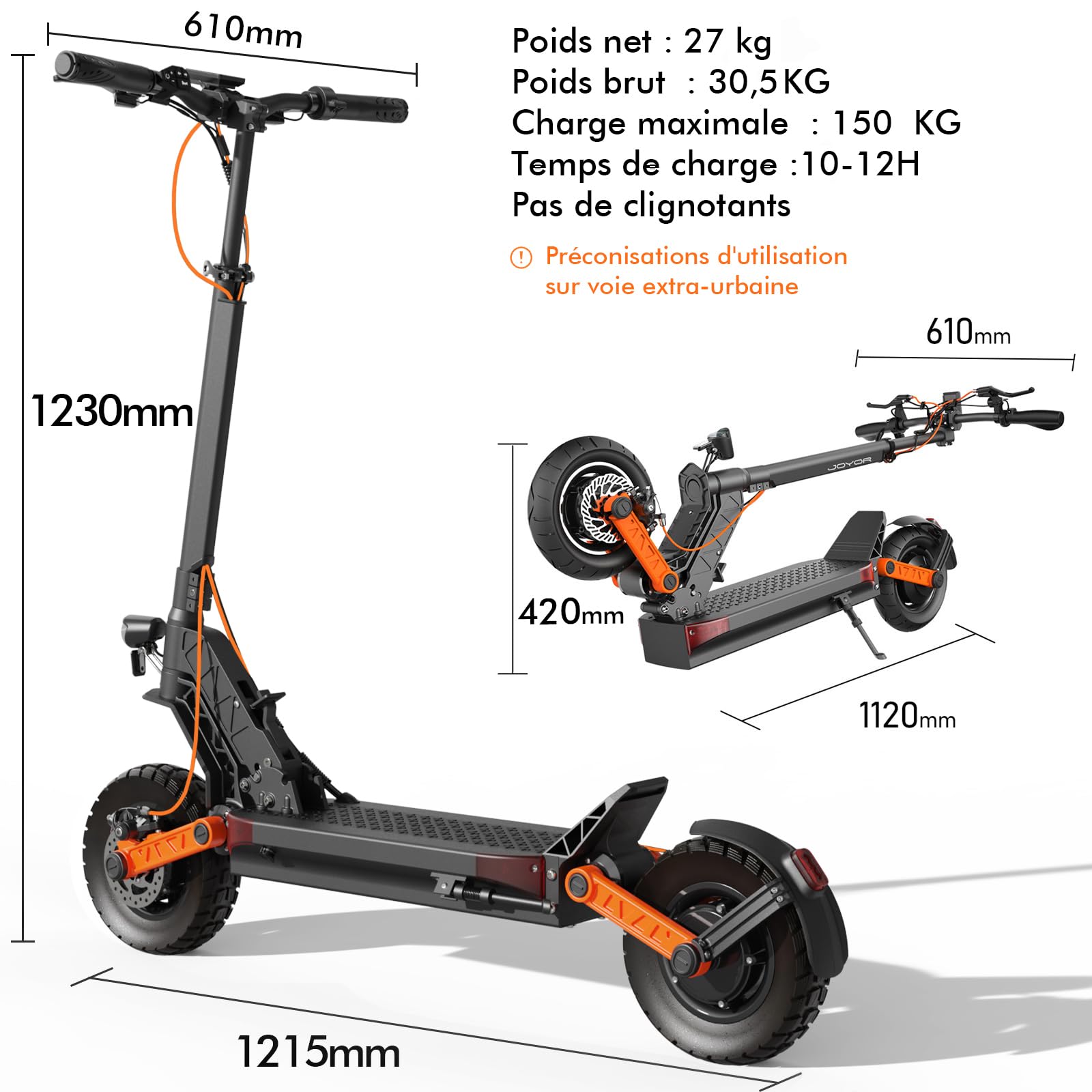 JOYOR Trottinette Electrique Adulte S/T Serie Autonomie 50-90KM Batterie 48/60V 13/18/26Ah Moteur 600W/600W*2/1000W*2 Trotinette Electrique Puissante Tout Terrain Ultra Legere Double Suspension