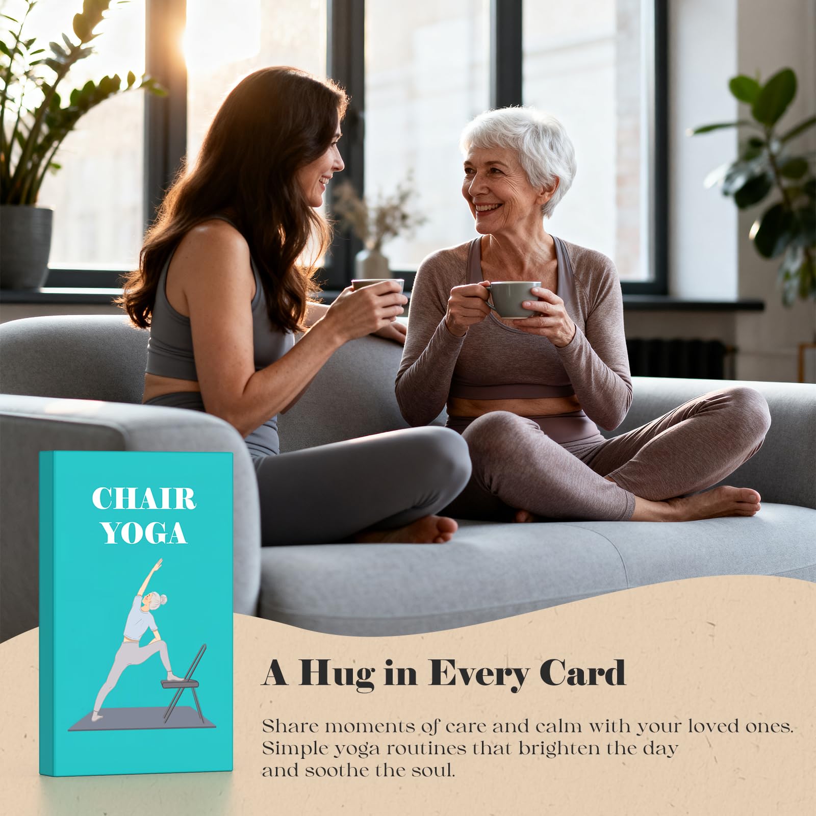 Carte da yoga con supporto in legno massello per anziani e anziani, 50 esercizi di stampa grandi con 5 routine guidate, il regalo perfetto per yoga, equilibrio, forza e flessibilità