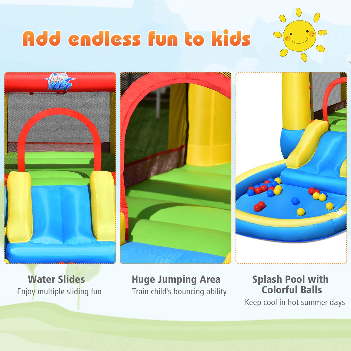 FANTASK Hüpfburg Kinder, hüpfburg Innen- und Außenbereich inkl. Rutsche, Sprungbereich & Planschbecken, Bouncy Castle für Kinder, 362 x 196,5 x 193 cm