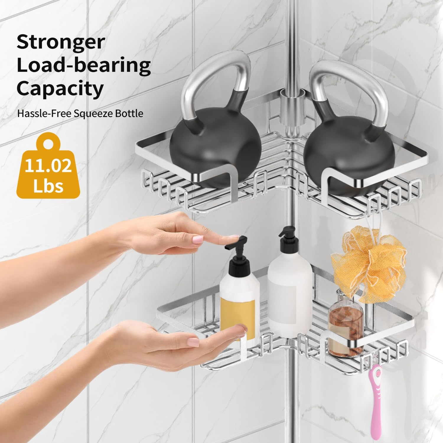 KEGII Adjustable Shower Caddy Corner Tension Pole, Rustproof Shower Rod Organizer with Hooks, Floor to Ceiling Tension Rod 25-114.2 Inch, Bathtub Storage Organizer for Shampoo, 4-Tier Silver