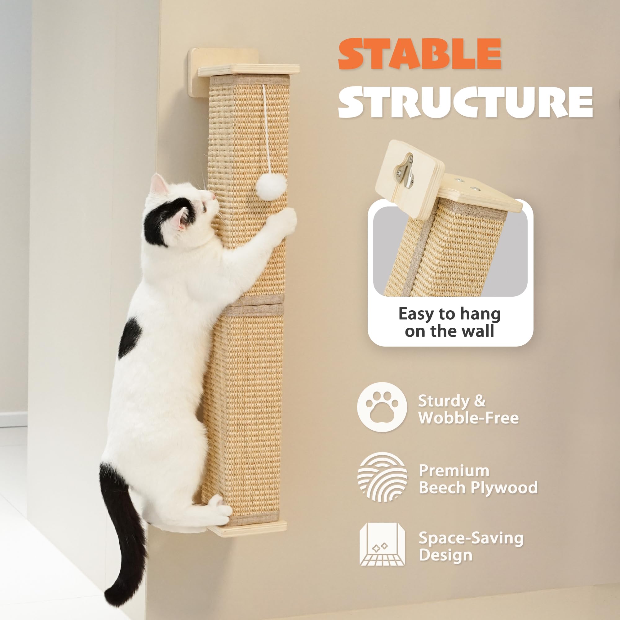 PETKARAY Poste rascador montado en la pared, poste rascador de sisal de 30 pulgadas para gatos de interior, rascador cuadrado para gatos con bola de juguete, almohadilla grande para rascar sisal