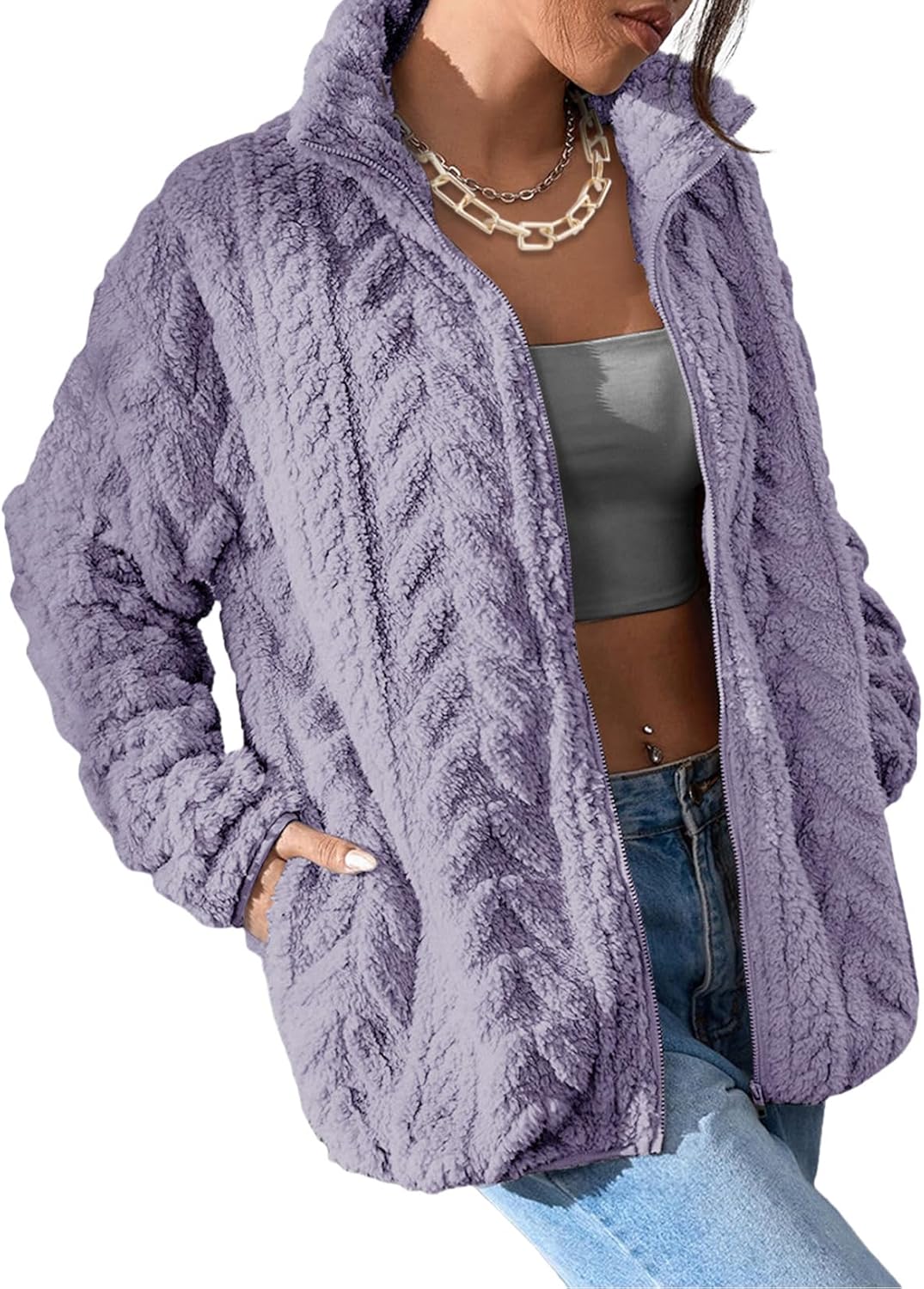 Dokotoo Winter Fleece Jacket for Women 2025 Zipper Stand Collar Casual Coats with Pockets