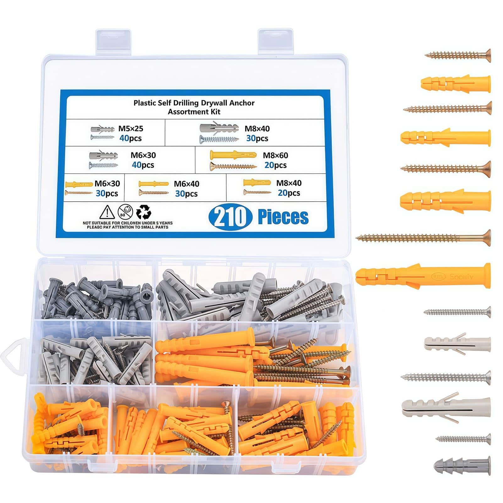 Vexorlian 210 Pcs Screw and Wall Plug Set, M5/M6/M8 Anchors and Screws Kit for Mounting and Hanging, Durable Plastic and Steel Combination