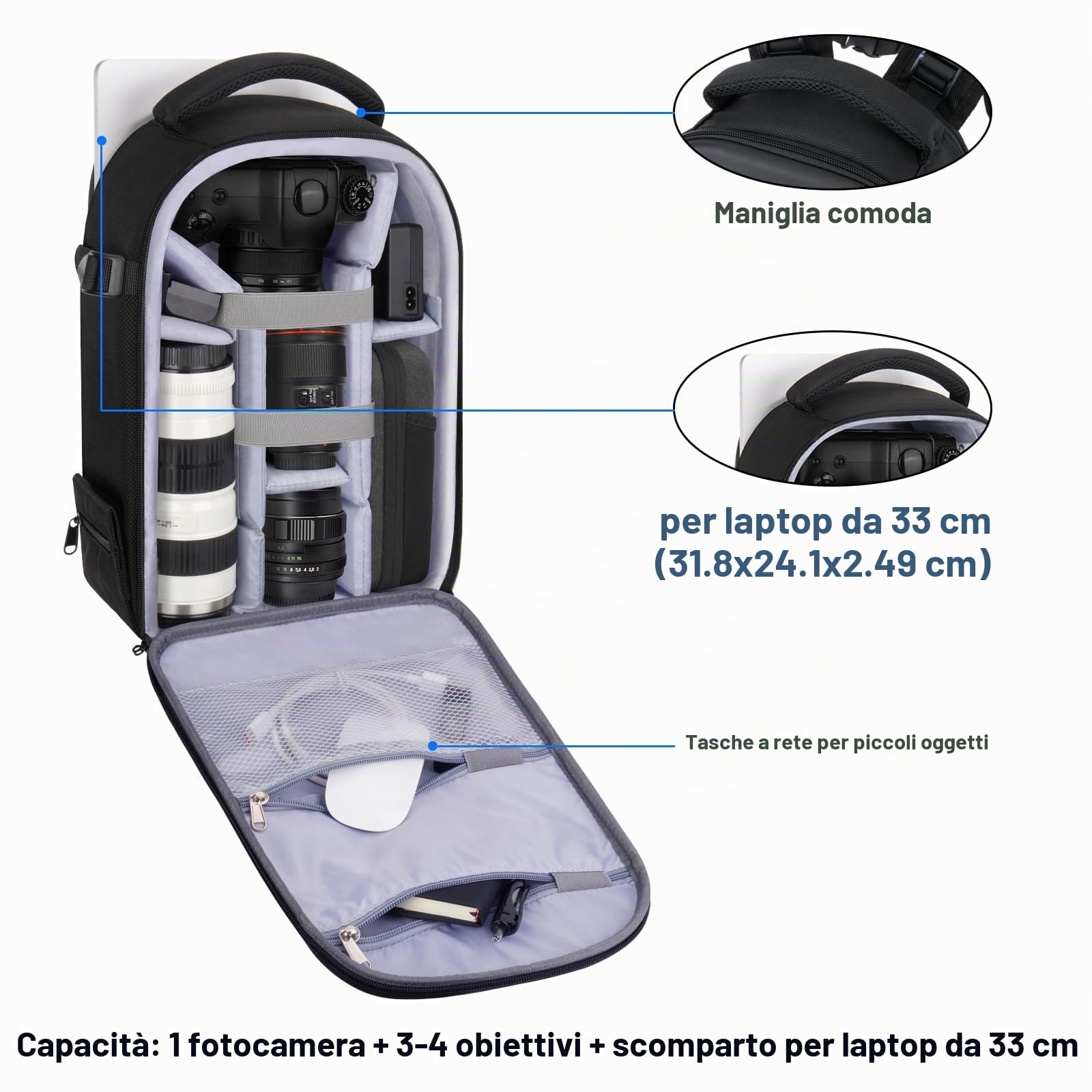 MOSISO Zaino Fotocamera,DSLR/SLR Inserisci Protezione Fotografia Borsa | Fotografica Pieno Aperto Impermeabile Custodia con Holder Tripod&Vano Laptop Compatibile con Canon/Nikon/Sony,Nero