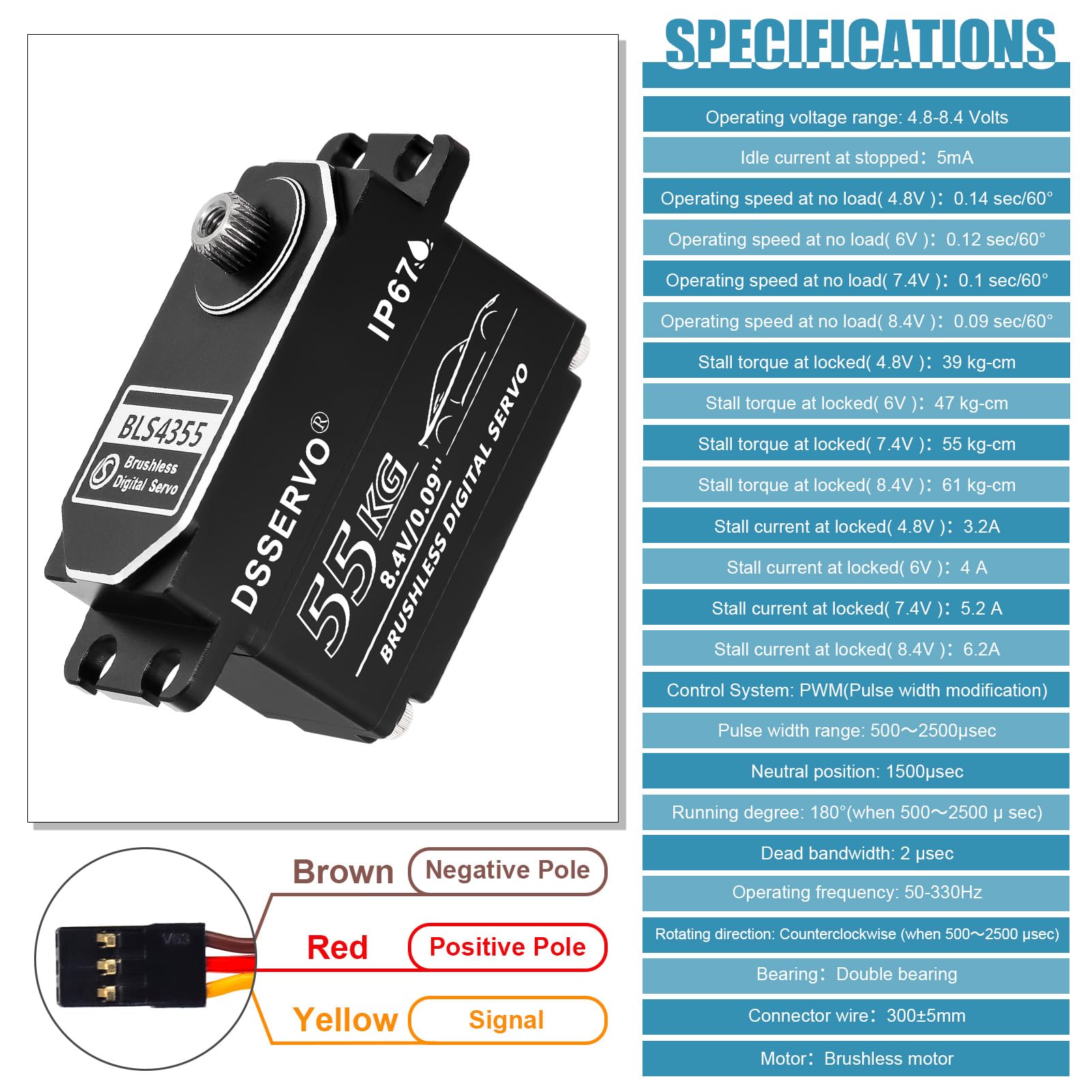 Servo brushless a basso profilo da 55 kg con 2 corno servo 25T tutto il metallo IP67 impermeabile Servo digitale ad alta coppia servo sterzo veloce per 1/8 1/10 1/12 1/14 RC auto, 180 °