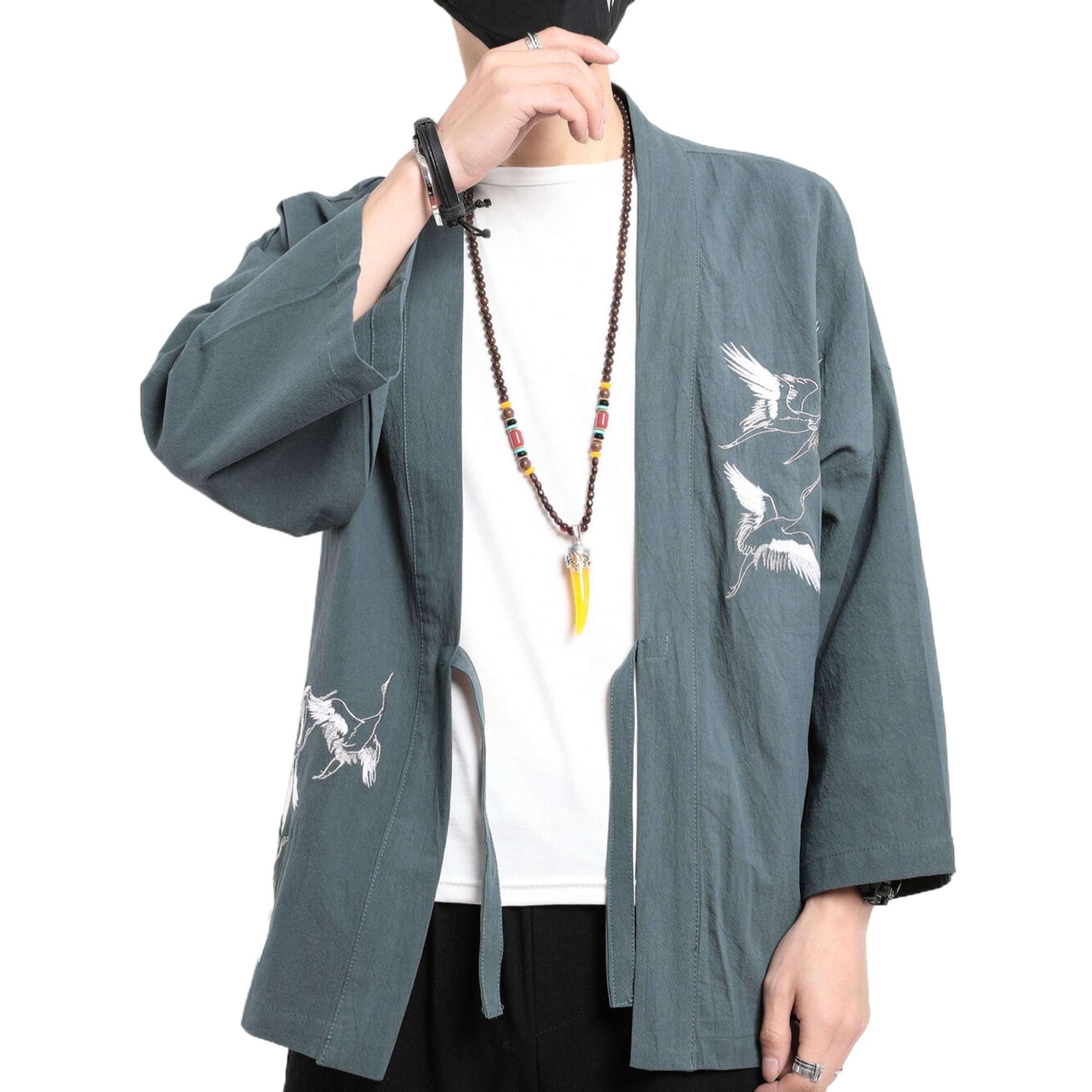 Men's Japanese Kimono Cardigan Loose Cotton Linen 3/4 Sleeve Open Front Casual Summer Shirt Jackets