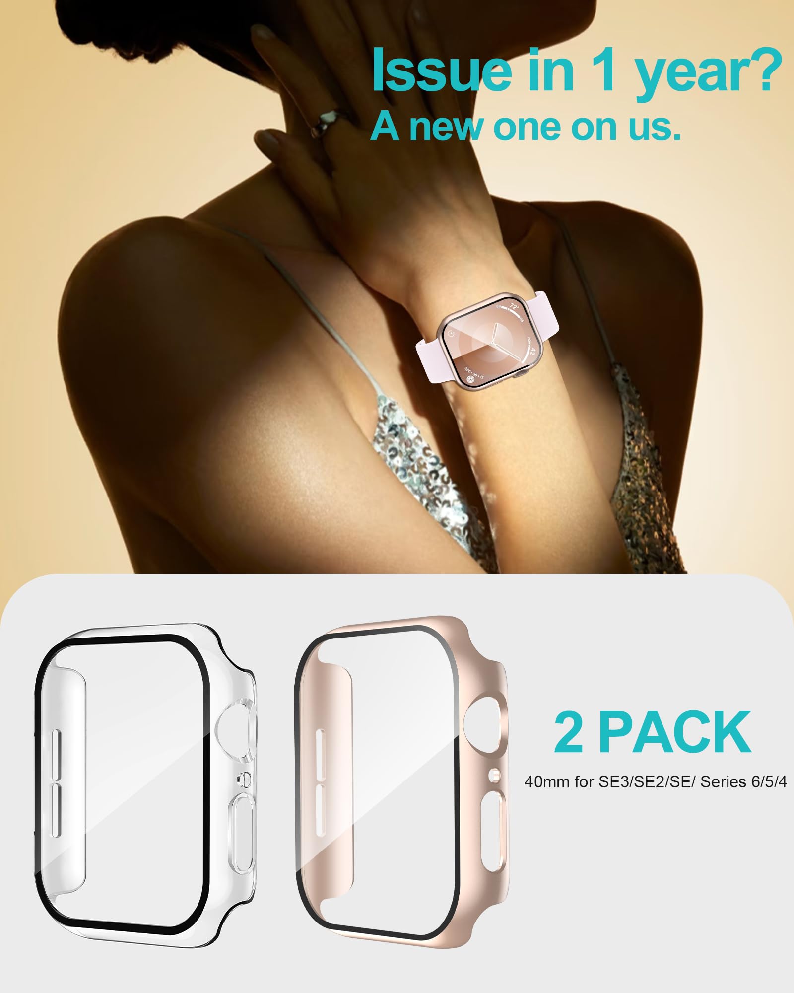 Smiling Pack Hülle kompatibel mit Apple Watch SE 2/SE Serie 6/5/4 40 mm mit gehärtetem Glas Displayschutzfolie, harte PC-Hülle, insgesamt Schutzhülle, 1 Roségold + 1 Transparent