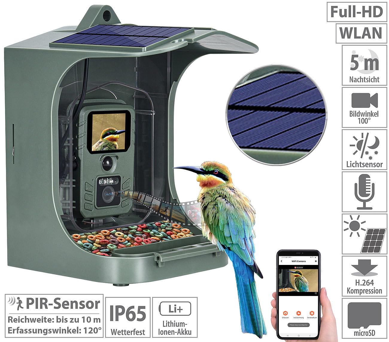 VisorTech Vogelhaus-Kameras Solar: Solar-Vogelhaus & Futterstelle, WLAN-Full-HD-Kamera, Versandrückläufer (mit & App, Vogel, iPad)