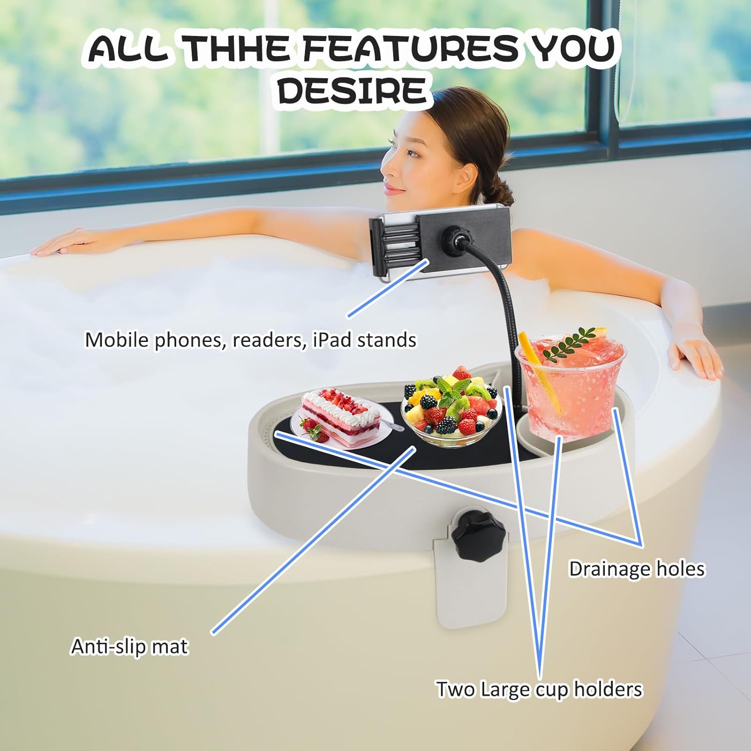3-in-1 Adjustable Hot Tub Tray Table with 360° Rotation Phone Holder & 2 Cup Holders, Non Slip & Drainage Design, Fits Width 2.36" to 7.48" Hot Tub/Spa/Above Ground Wide Wall Pool (Beige)