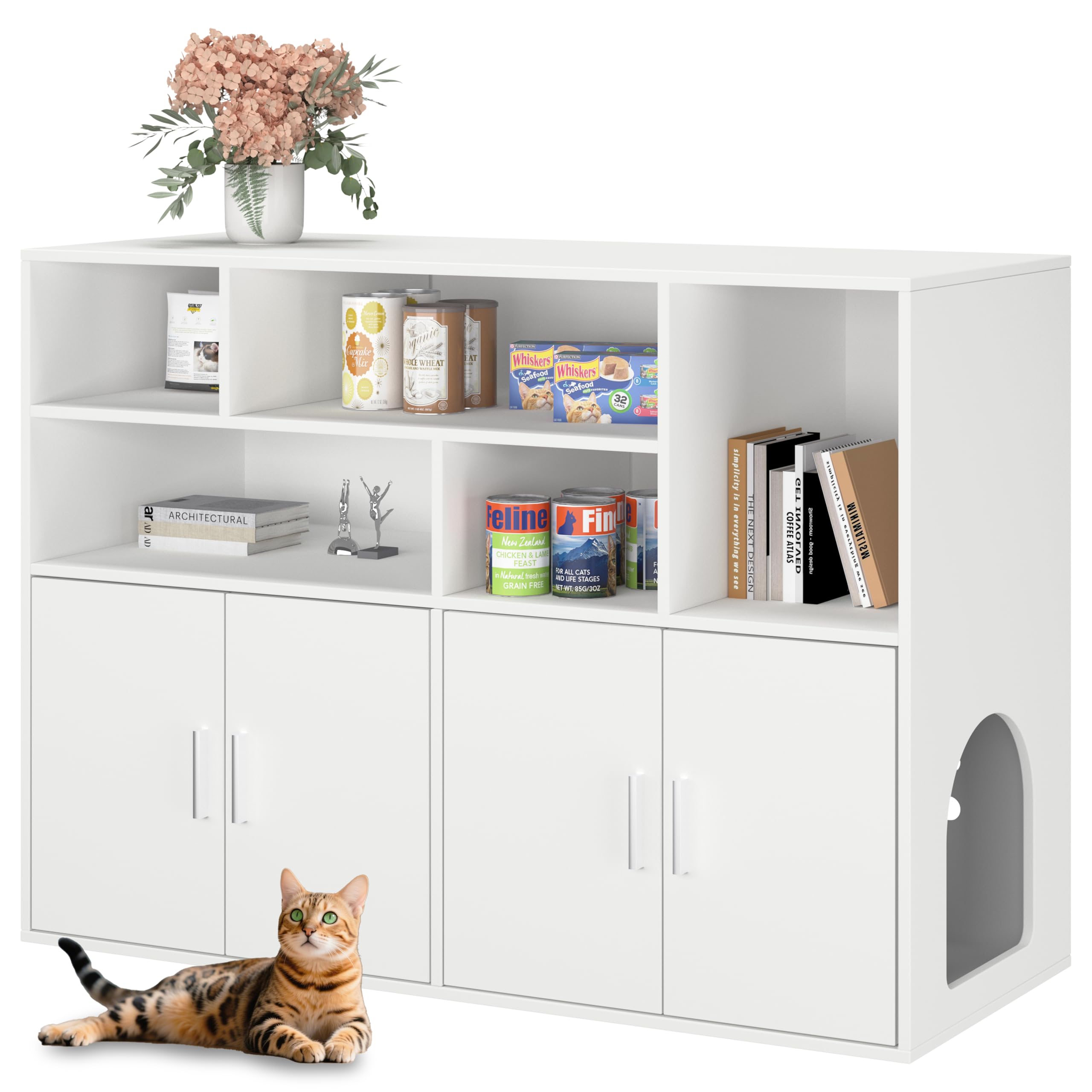 amunrbrek Double Litter Box Enclosure with Large Storage Space, Hidden Cat Litter Box Furniture for 2 Litter Boxes, Wooden Cat House Cabinet (White)