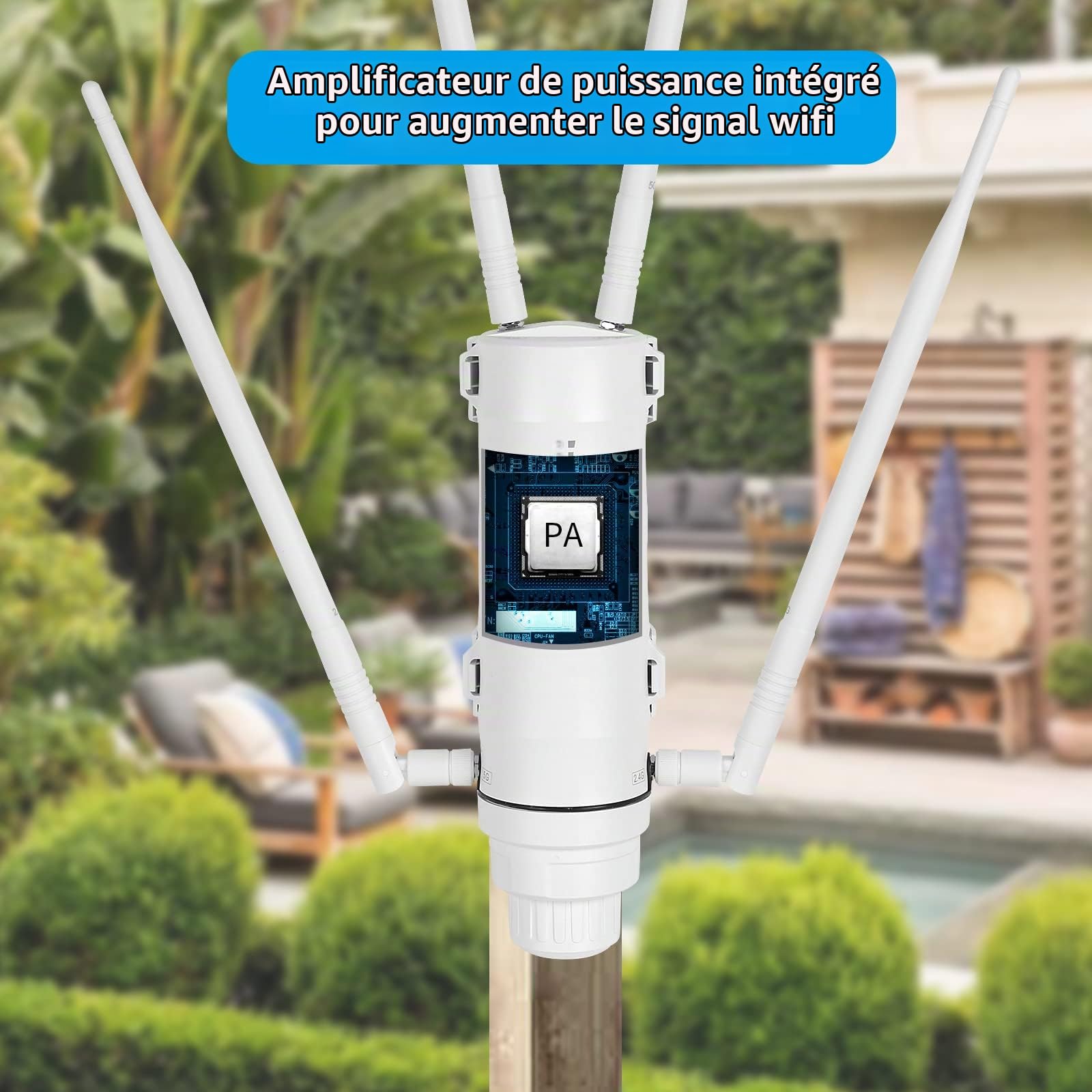 Répéteur WiFi Extérieur AC1200 Borne WiFi PoE IP65 Longue Portée | Amplificateur WiFi puissant Double bande 2.4GHz 5GHz 4 antennes Point d’accès pour caméra extérieure jardin garage
