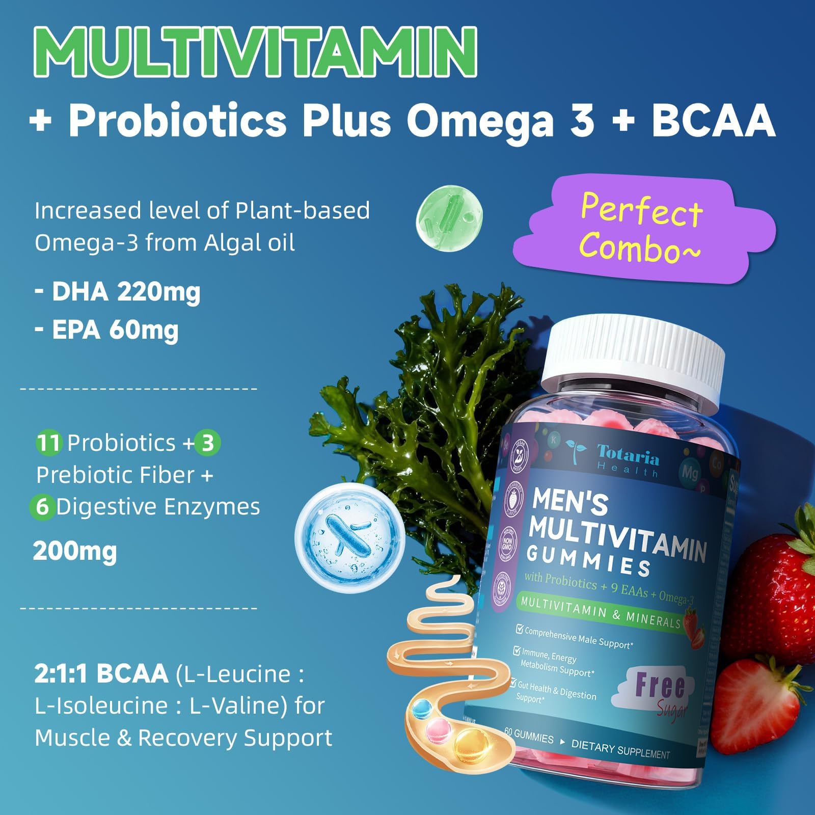 Totaria Sugar Free Multivitamin for Men with Omega 3, Probiotics, Mens Multivitamins Gummies w/Methylated B Complex, EAAs, Lycopene, Zinc, for Daily Energy, Immune, Heart, Iron Free, 60 Count — Amazon image 4