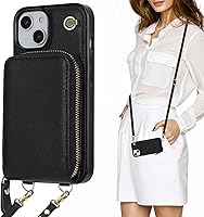 Vista 9 de KIHUWEY Funda tipo cartera cruzada para iPhone 13, iPhone 14, funda con bolsillo con cremallera y soporte para tarjetas, funda protectora de piel