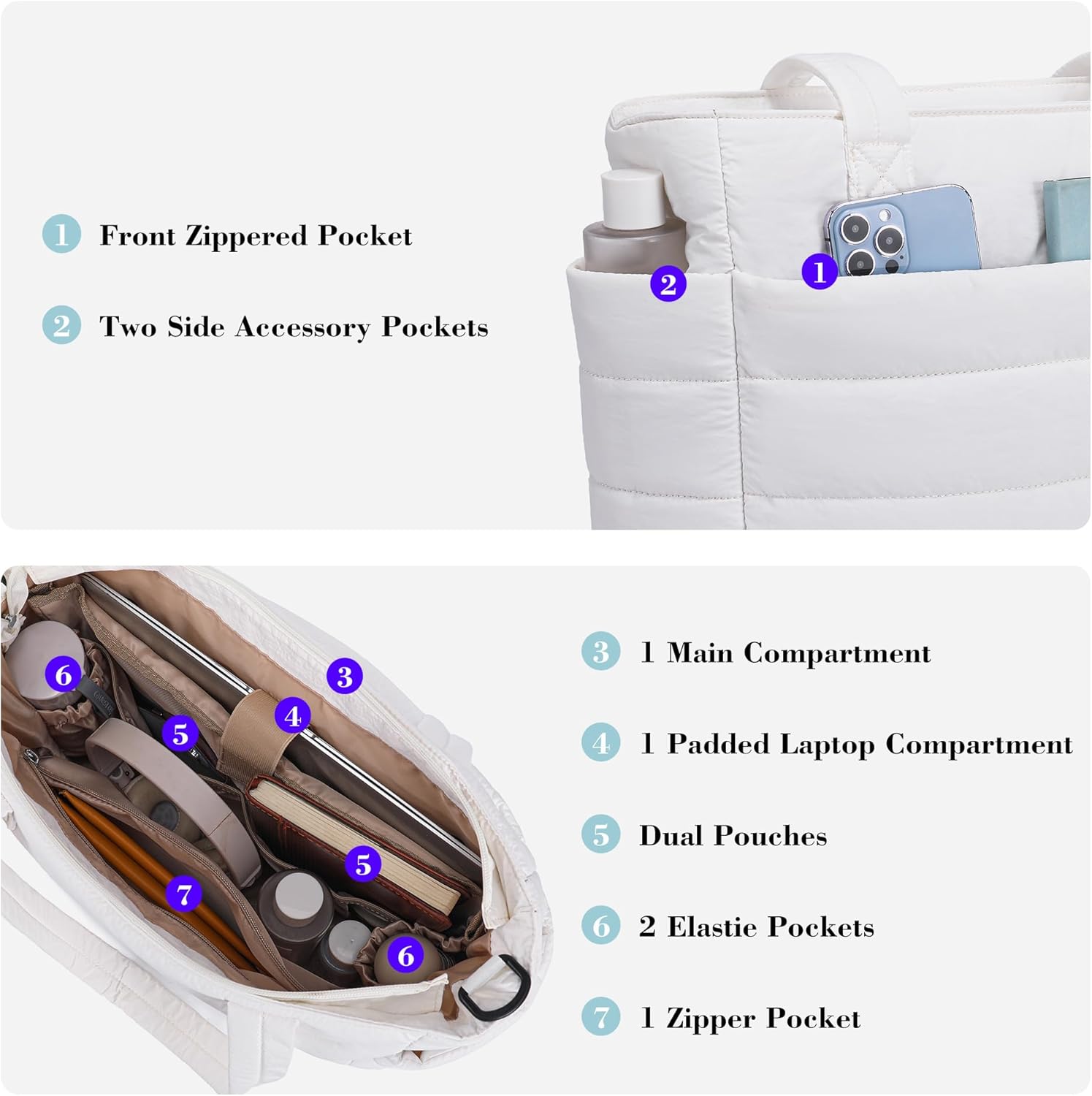AOCINA Puffer Tote Bag for Women Work Nurse Bags Laptop Purse Lightweight Quilted Crossbody Shoulder Handbags Travel School