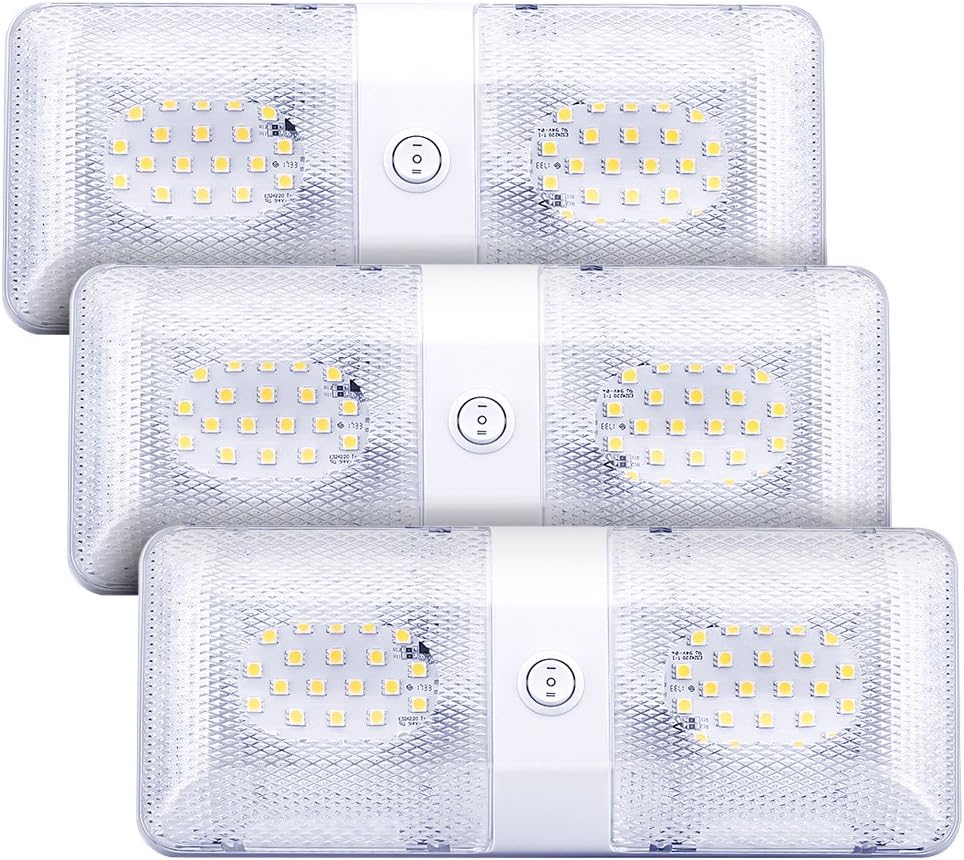 LED RV Ceiling Dome Light Fixture with 3-Way Switch 12V RV Replacement Interior Light Double Wedge 2 X 250LM for Trailer Camper Motorhomes Warm White (Pack of 3)