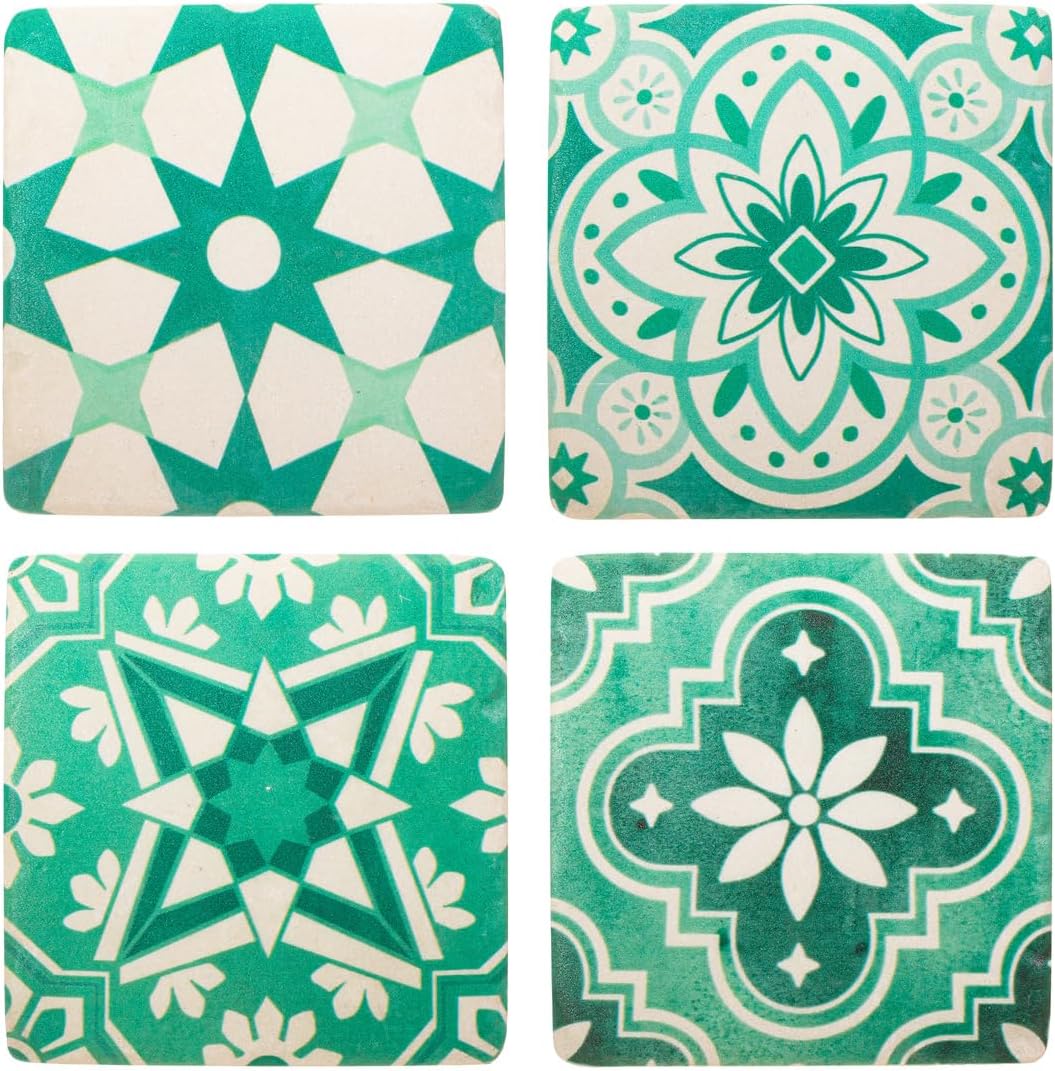 Sass & Belle Green Tile Coasters - Set of 4 Mediterranean Style Resin Drink Mats Set of 4, Ideal for Coffee Tables, Kitchen Use or Housewarming Gift Ideas