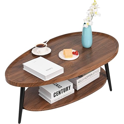 2-Tier Coffee Table Water-Shaped Wood Center Table Mid Century Oval Coffee Table Rustic Farmhouse Coffee Table for Living Room, Bedroom, 40", Brown
