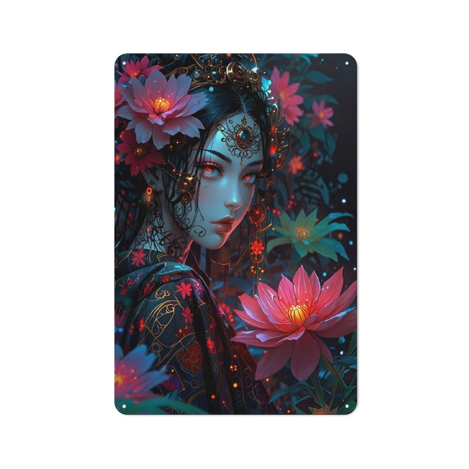 Junmoney Girls Asian Flowers Rustic Metal Wall Sign 30X20cm For Café Or Restaurant, Gift Idea At Christmas For Café Owners And Decorators