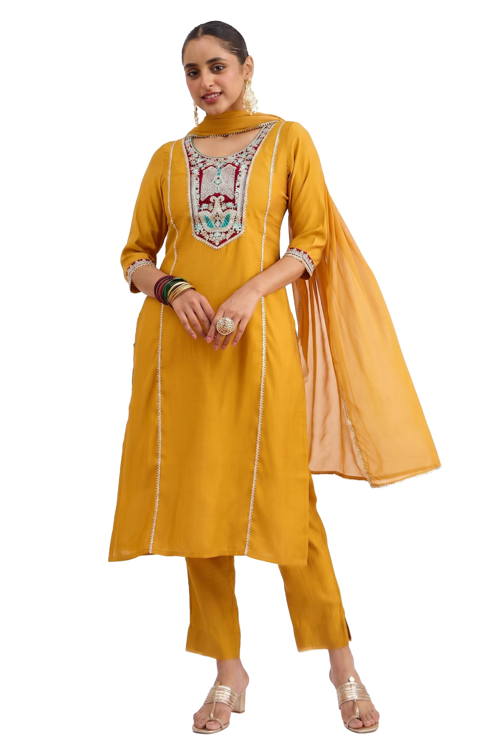 janasya Women's Mustard Silk Blend Embroidered Straight Kurta Set-picture-13