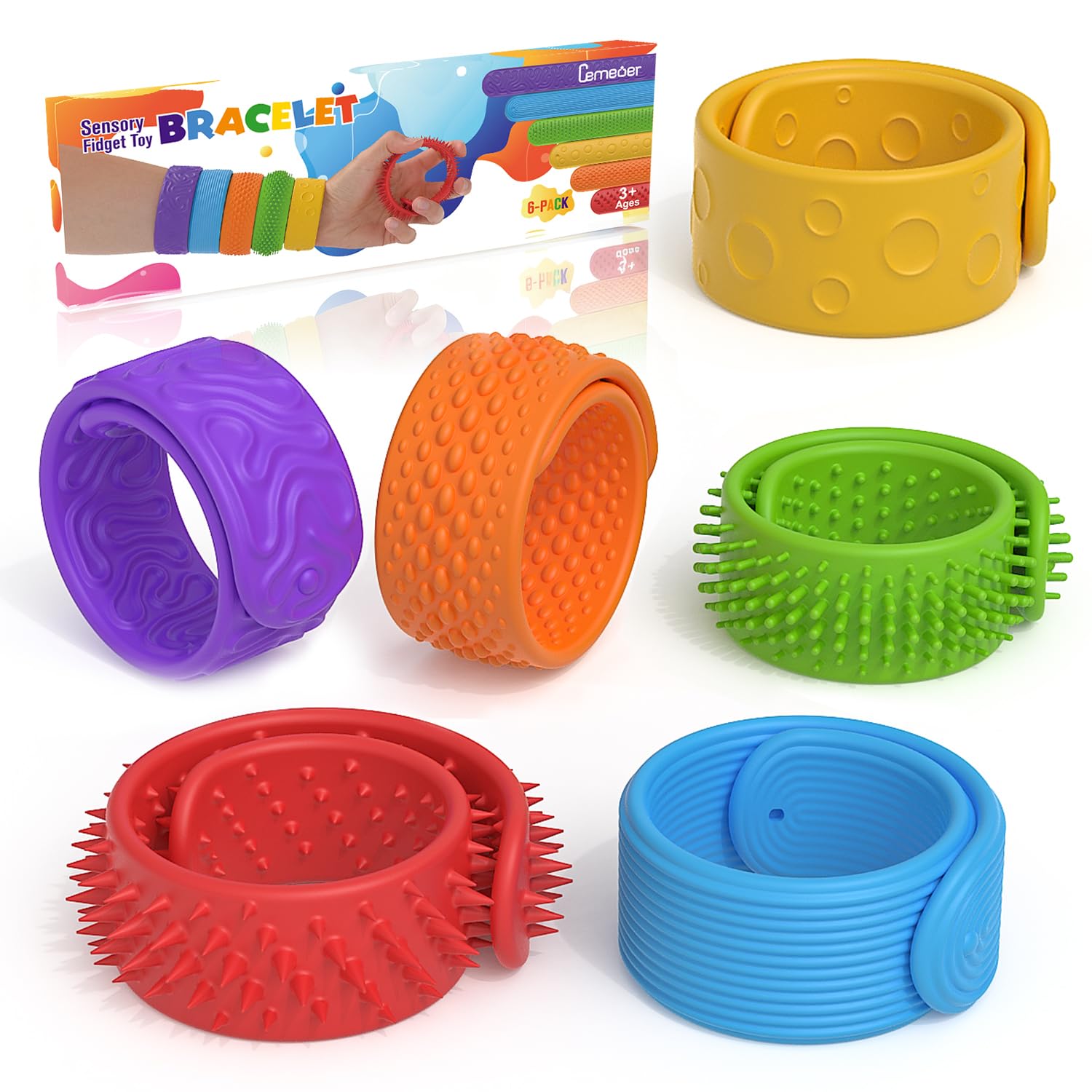Sensory Fidget Toys for Kids, 6 Pack Textured Silicone Slap Bracelets, Stress Fidgets Toy for Classroom Anxiety Autism ADHD, Sensory Toys for Adults