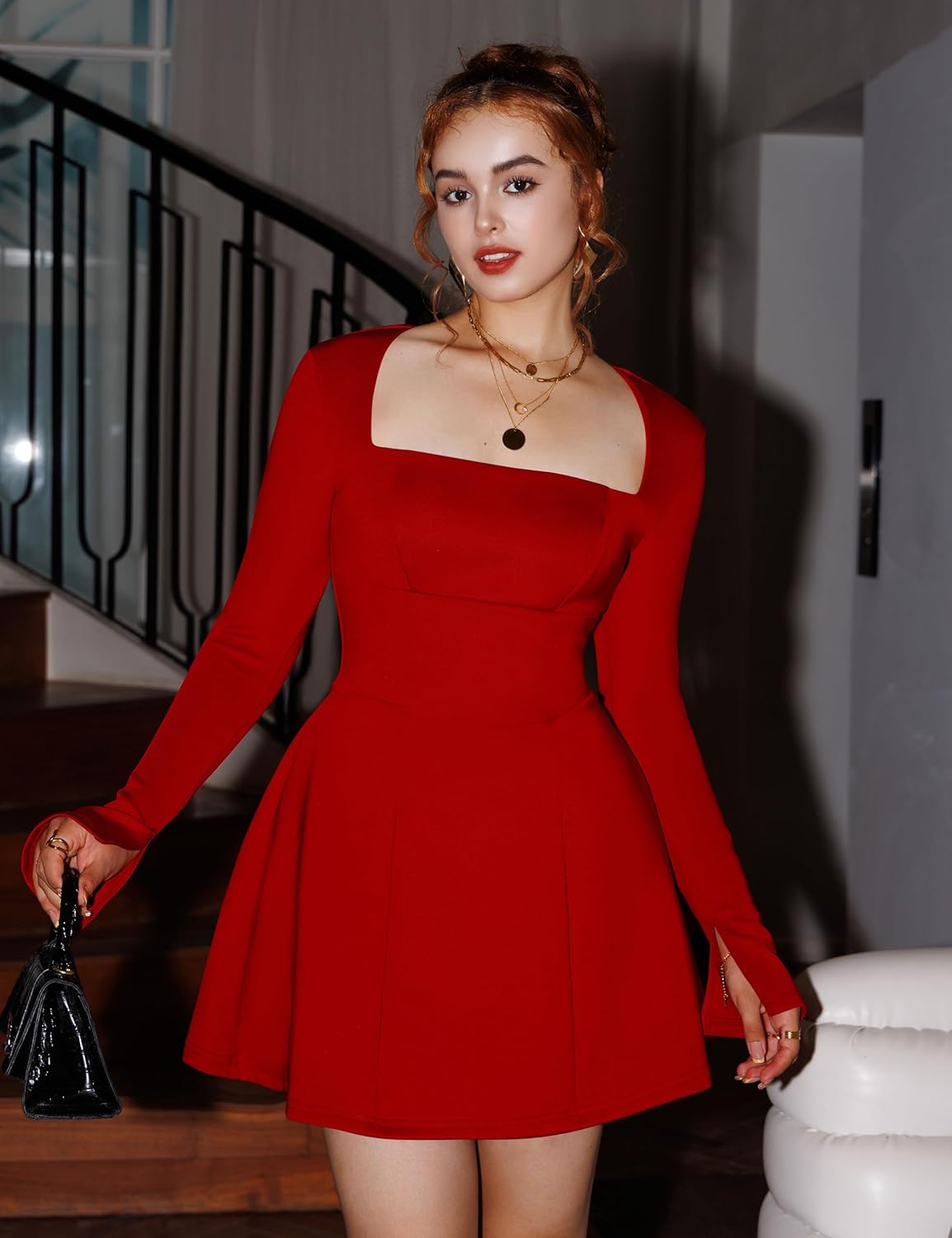 YMDUCH Women's Sexy Long Sleeve Square Neck A-Line Mini Club Prom Dress - Image 6