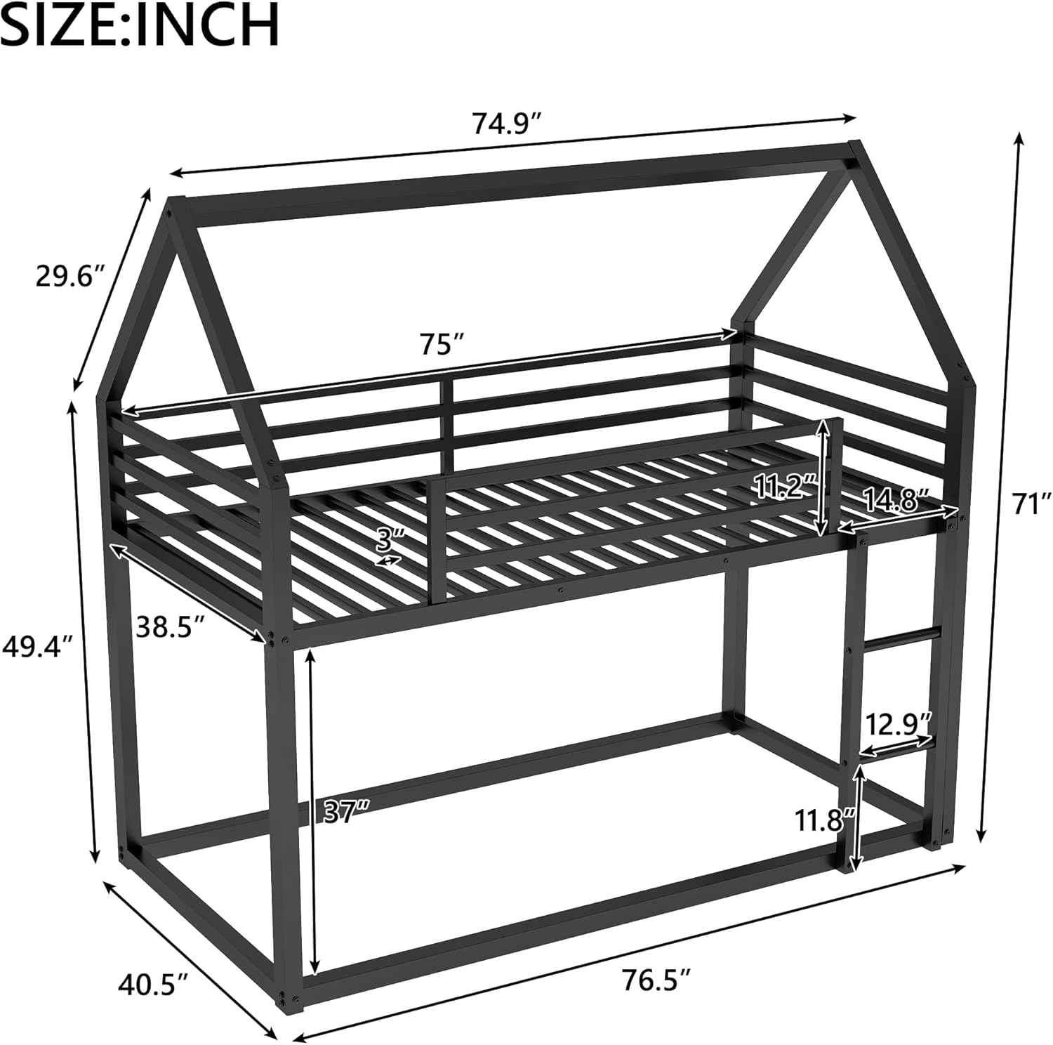 Twin Heavy Steel Low Bunk Bed with Built-in Ladder Bunk Bed Frame for Kids Boys Girls Space-Saving (Black)