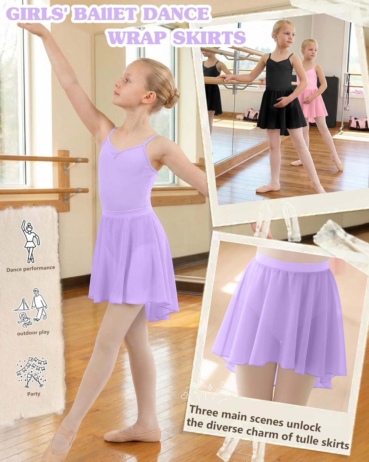 3 Pack Girls' Ballet Skirts Dance Wrap Toddler Kids Ballerina Chiffon Elastic Waist Dancewear for 2-12 Years - Image 4
