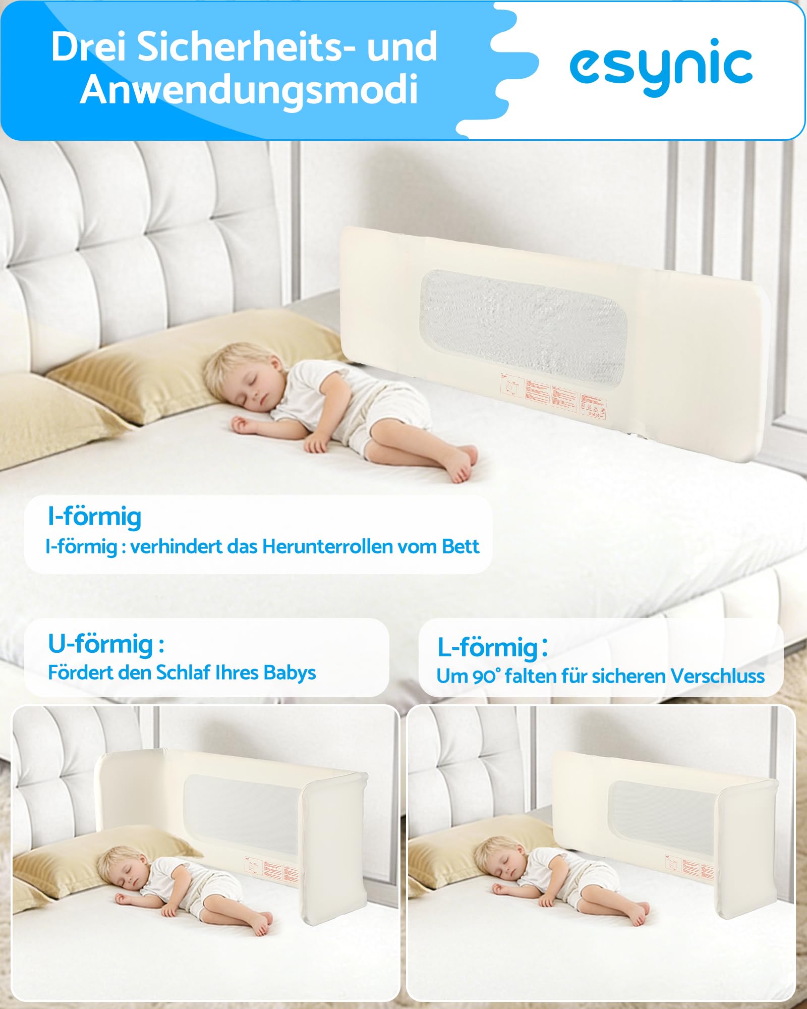 eSynic Tragbares Bettschutzgitter 150 cm Cremeweiß Bettgitter Mobiler Rausfallschutz für Kinder & Kleinkinder Höhenverstellbares Babybettgitter Familienbett Doppelbett Hotelbett für Zuhause & Reisen