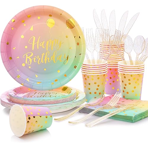 175PCS Pastel Birthday Decorations,Birthday Plates and Napkins Party Supplies,Disposable Rainbow Birthday Plates,Pastel Paper Plates for Girl Women Birthday Party Decorations,Serves 25 Guests