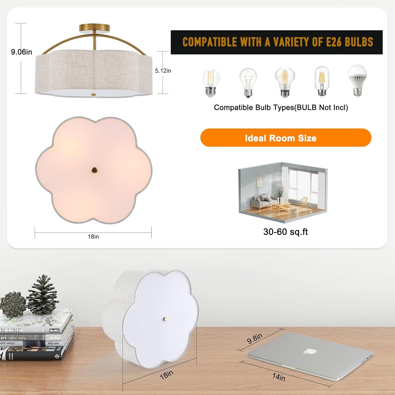 18" Semi Flush Mount Ceiling Light Modern 3-Lights Gold Drum Ceiling Light Fixture with Fabric Linen Shade, Vintage Ceiling Lighting for Living Room, Kitchen, Basement, Laundry Room, Bedroom