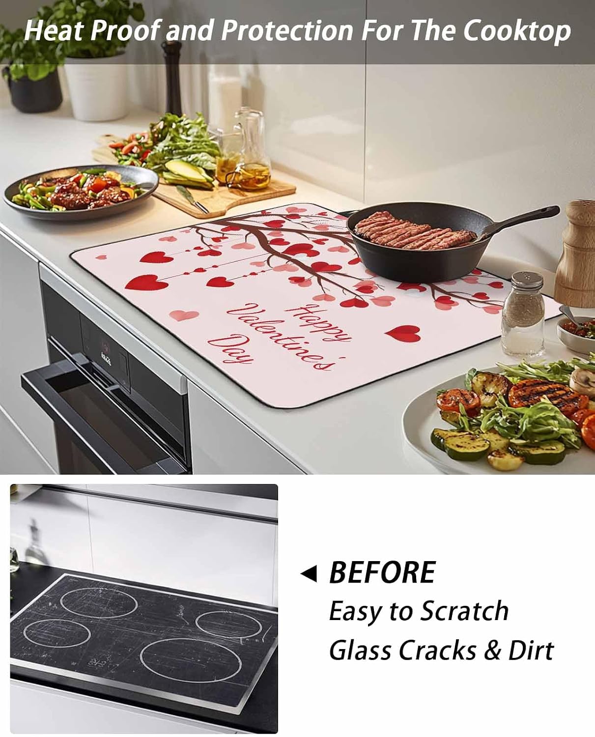 Valentine Stove Top Cover Love Heart Tree Branch Stove Cover for Electric Stove Top Happy Valentine's Day Glass Cooktop Covers Anti-Slip Mat Heat Resistant Countertop Protector Kitchen Decor 36"x21"