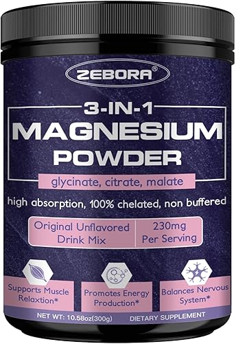 ZEBORA Polvo de Magnesio para Dormir, Suplemento de Complejo de Magnesio Quelado con Glicinato, Citrato y Malato, Mezcla de Bebida Sin Sabor con