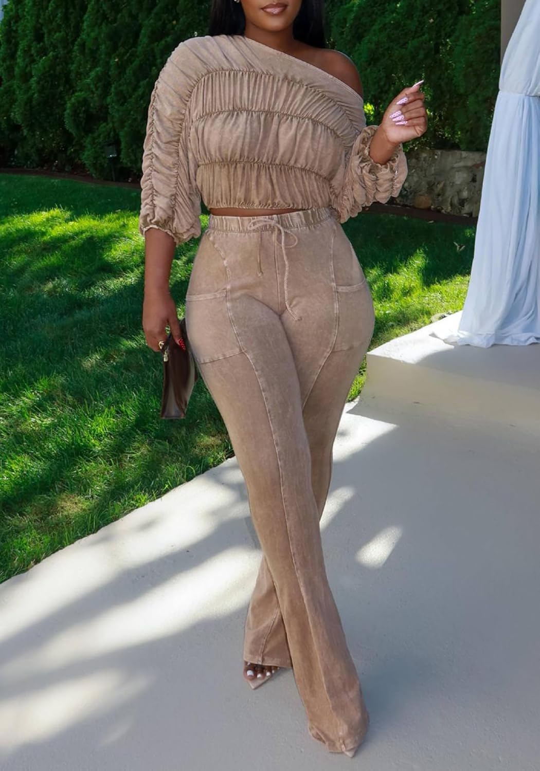 Ecirod Womens Sexy Casual Set 2 Piece Outfits Elasticity Ruched Crop Top and Slim Fit Flare Pants Sweatsuits Set - Image 3