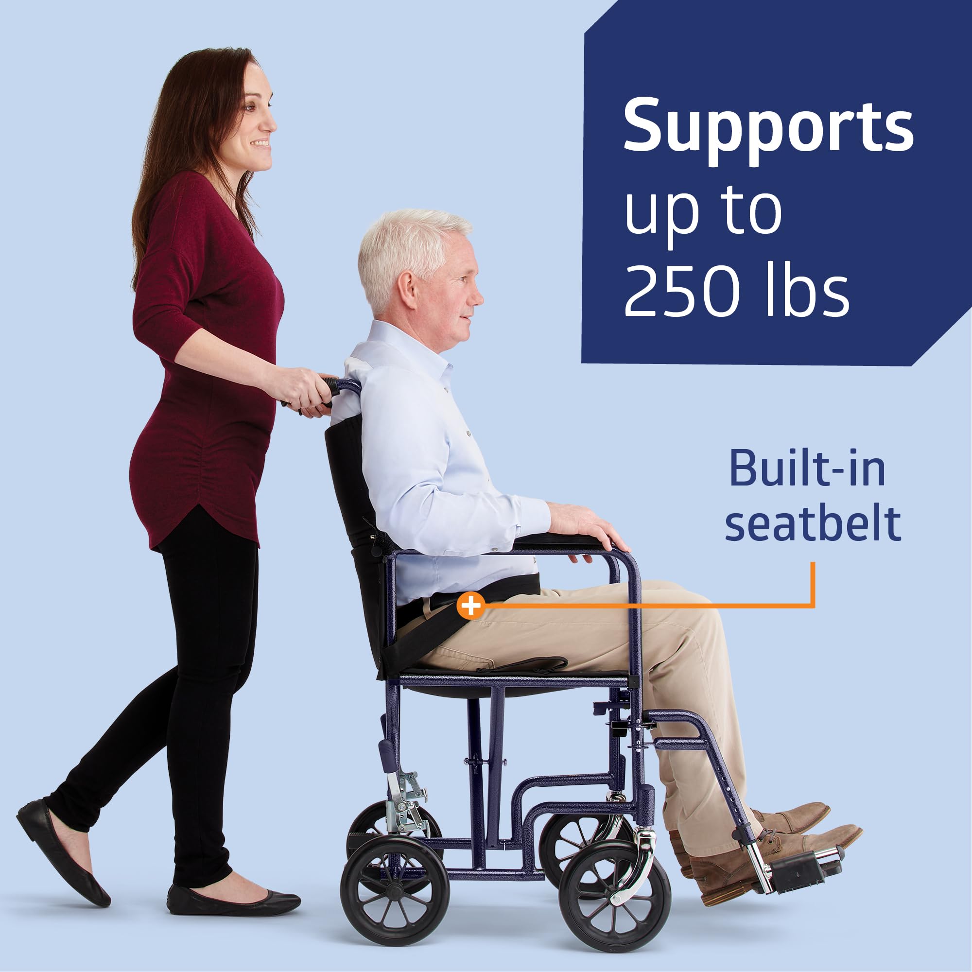 Medline Steel Transport Chair, Folding Transport Wheelchair, Removable Swing-Away Footrests, Full-Length Armrests, 17" Seat, 250 lb. Capacity, Blue — Amazon image 3
