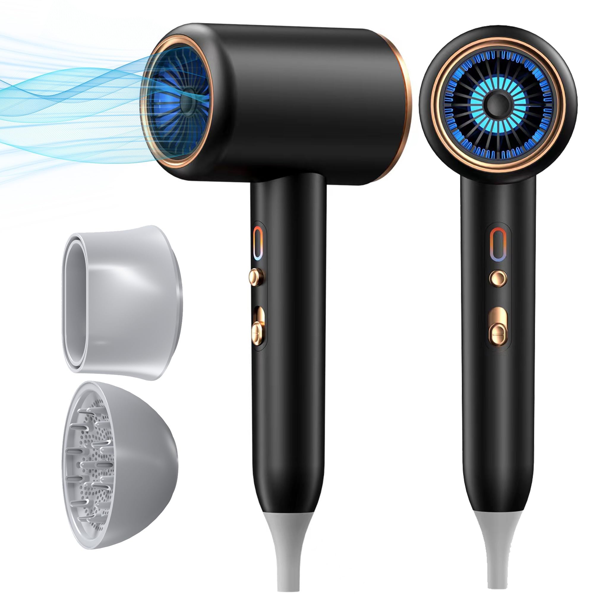 KASTWAVEHair Dryer, Portable Hairdryer with Diffuser & Concentrator, with 2400W and 60000 RPM Powerful AC Motor, Blow Dryer with 2 Speed 3 Heat Setting, Cool Shot Button, for Home, Salon, Travel