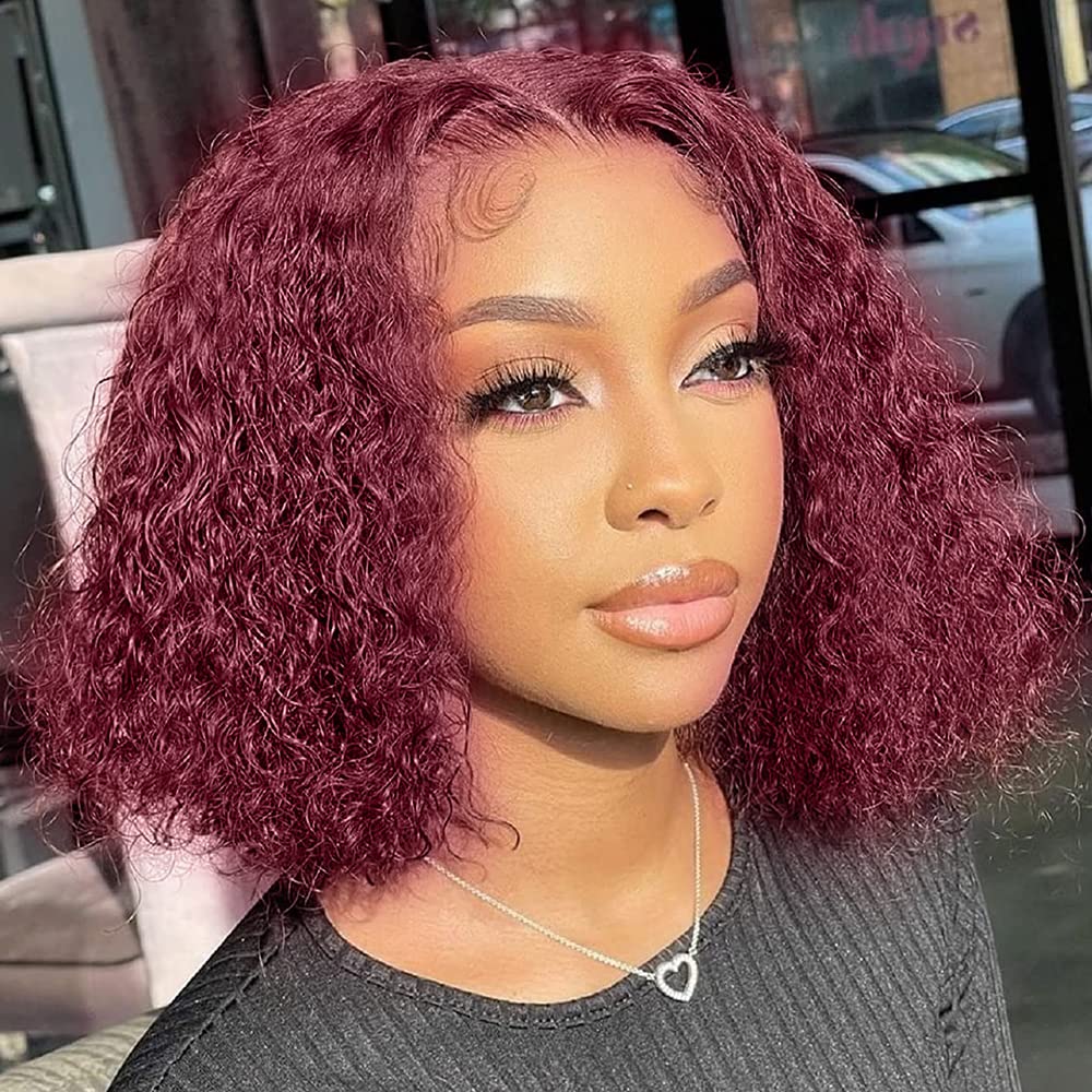 Short curly red Wine soft Swisslace Lacefront wig Pixie Cut Curly Short Bob Bang Wig Wine Red 150% Density  main image 4