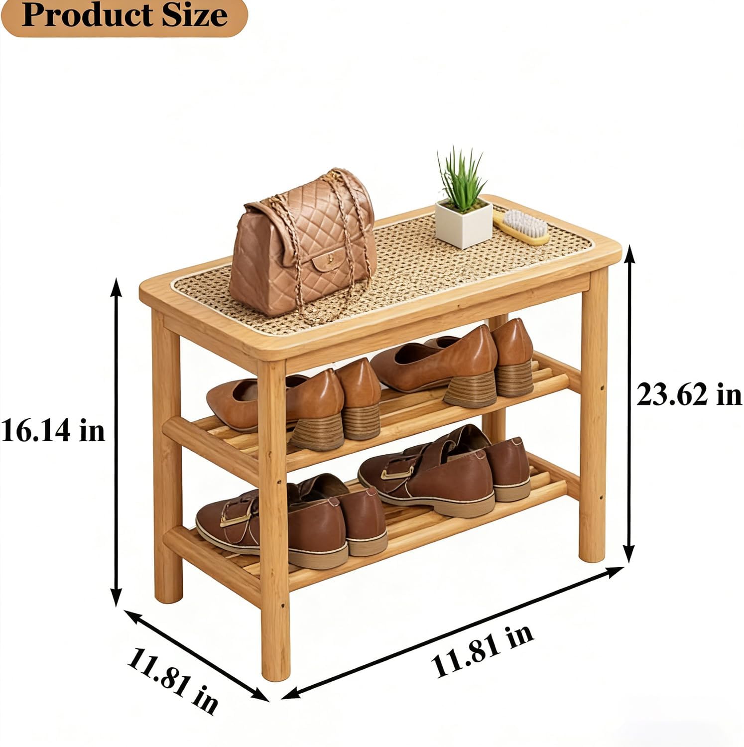 latifolia Shoe Rack Bench, 3-Tier Bamboo Shoe Bench with Breathable Rattan Seat Cushion, Shoe Storage Rack for Entryway(Nature,23.62''L)