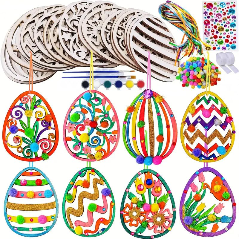 Oster Basteln Kinder, Holz Ostereier zum Bemalen 109 Stück Bastelsets Kinder Holzanhänger Ostern zum Bemalen mit Pompons, Deko Schnur, Strass, Osteraufkleber, Ostergeschenke