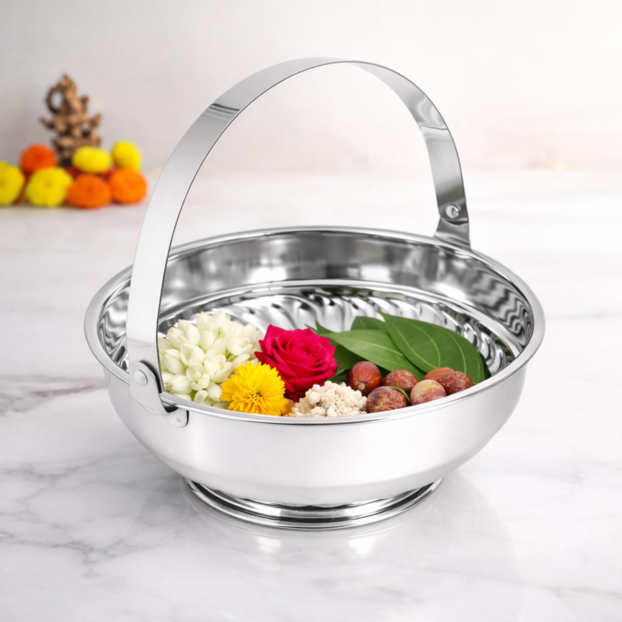 Spillbox Traditional Handcrafted silver Flower Basket for Pooja/Worship -silver basket (GANESHA)-image-36