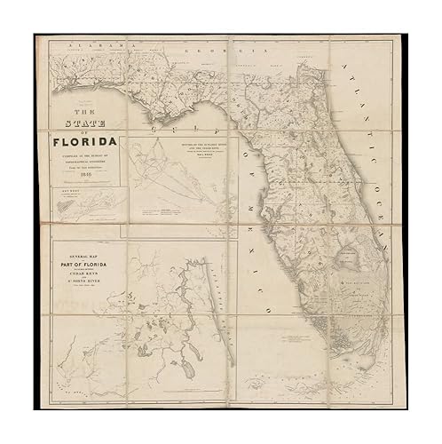 Miniatura 2 de 1846 Mapa del estado de Florida compilado en la Oficina de Ingenieros Topográficos Tamaño 24x24 pulgadas Listo para enmarcar Mapa del estado de