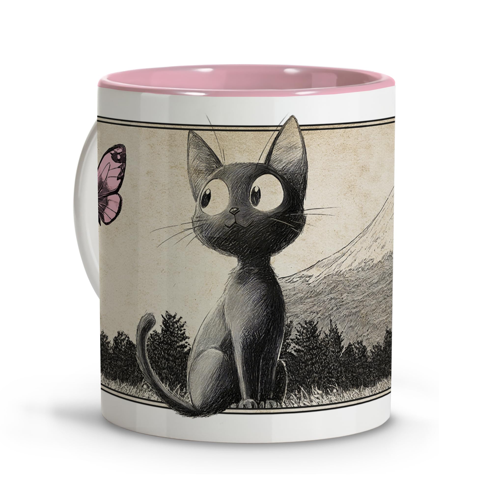 Anime-Katzen-Tasse – Jiji-Katze Design, Handgezeichnet, Verschiedene Innenfarben, Keramik