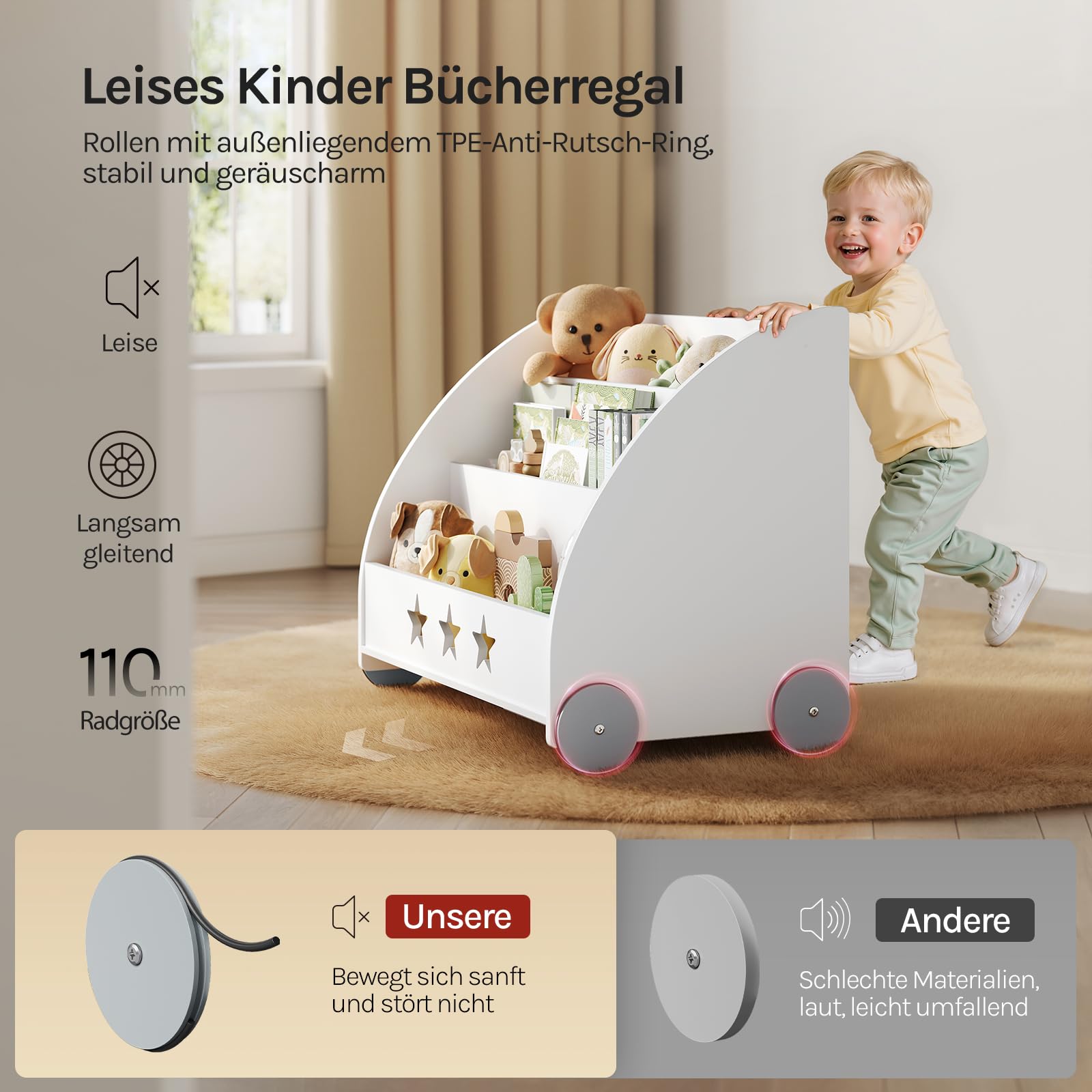 WOLTU KR002 Kinderregal Bücherregal für Kinder, Spielzeugregal mit Räder 3 Regale , Holz Standregal Kinderzimmerregal Mehrzweck Organizer(Weiß)
