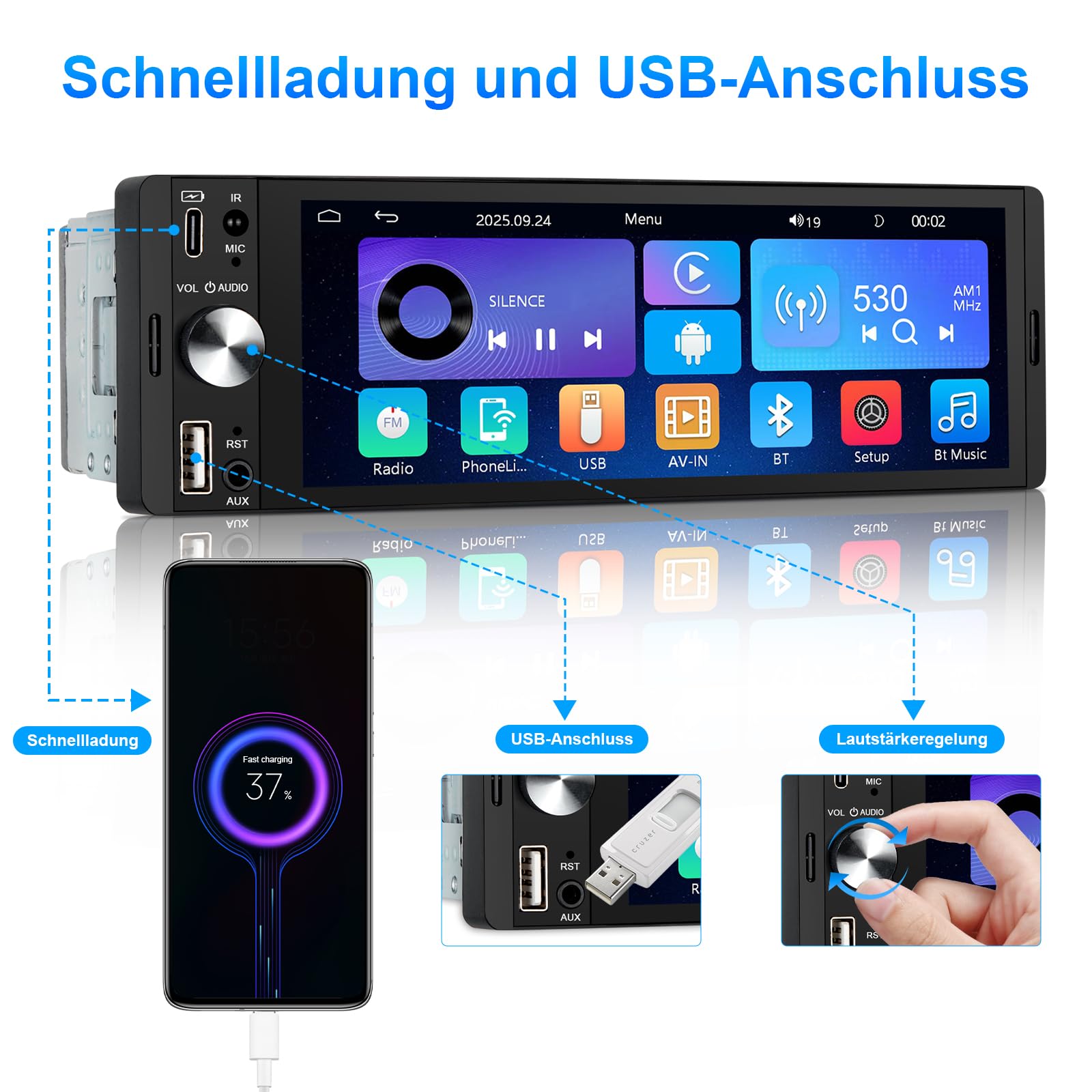 LEROAADZ 1 Din Autoradio mit Bildschirm Kompatibel mit Wireless CarPlay & Android Auto, 6,28 Zoll 1Din Car Radio with Carplay Display, Bluetooth, AM/FM RDS, USB/Typ-C, Aux-Eingang, Mirror Link