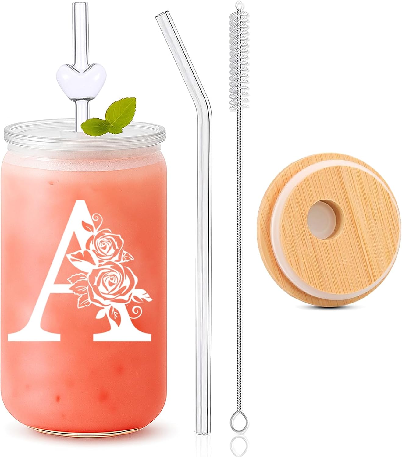 Personalized Gifts for Women – 16oz Initial Glass Cup with Lid & Straw – Custom Bridesmaid Tumbler for Wedding Party, Bachelorette Party,Christmas,Birthday,or Thank You Gift-A Personalized Gifts for Women – 16oz Initial Glass Cup with Lid & Straw – Custom Bridesmaid Tumbler for Wedding Party, Bachelorette Party,Christmas,Birthday,or Thank You Gift-A