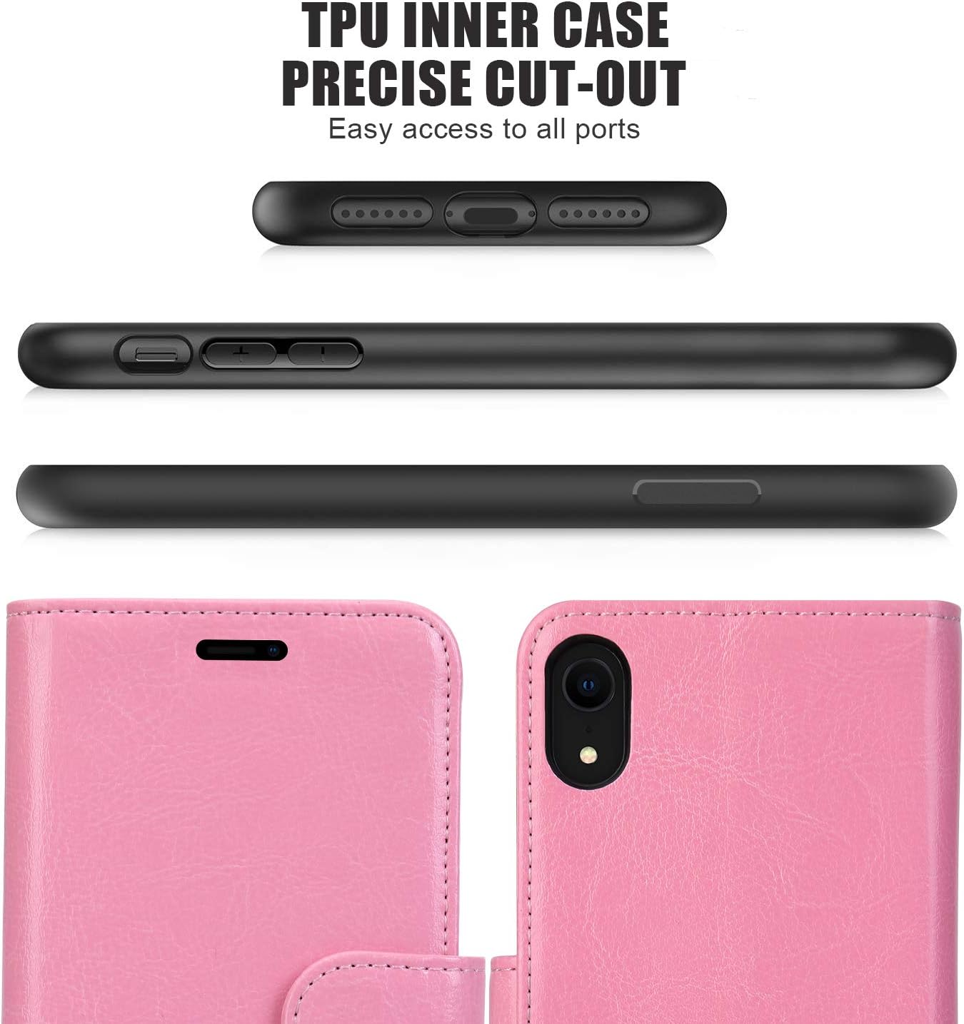 JISONCASE Leather Wallet Case for iPhone XR, Flip Genuine Leather Cover with Kickstand, Cash Slot, Magnetic Closure and Wireless Charger for Apple iPhone XR, 6.1", Pink