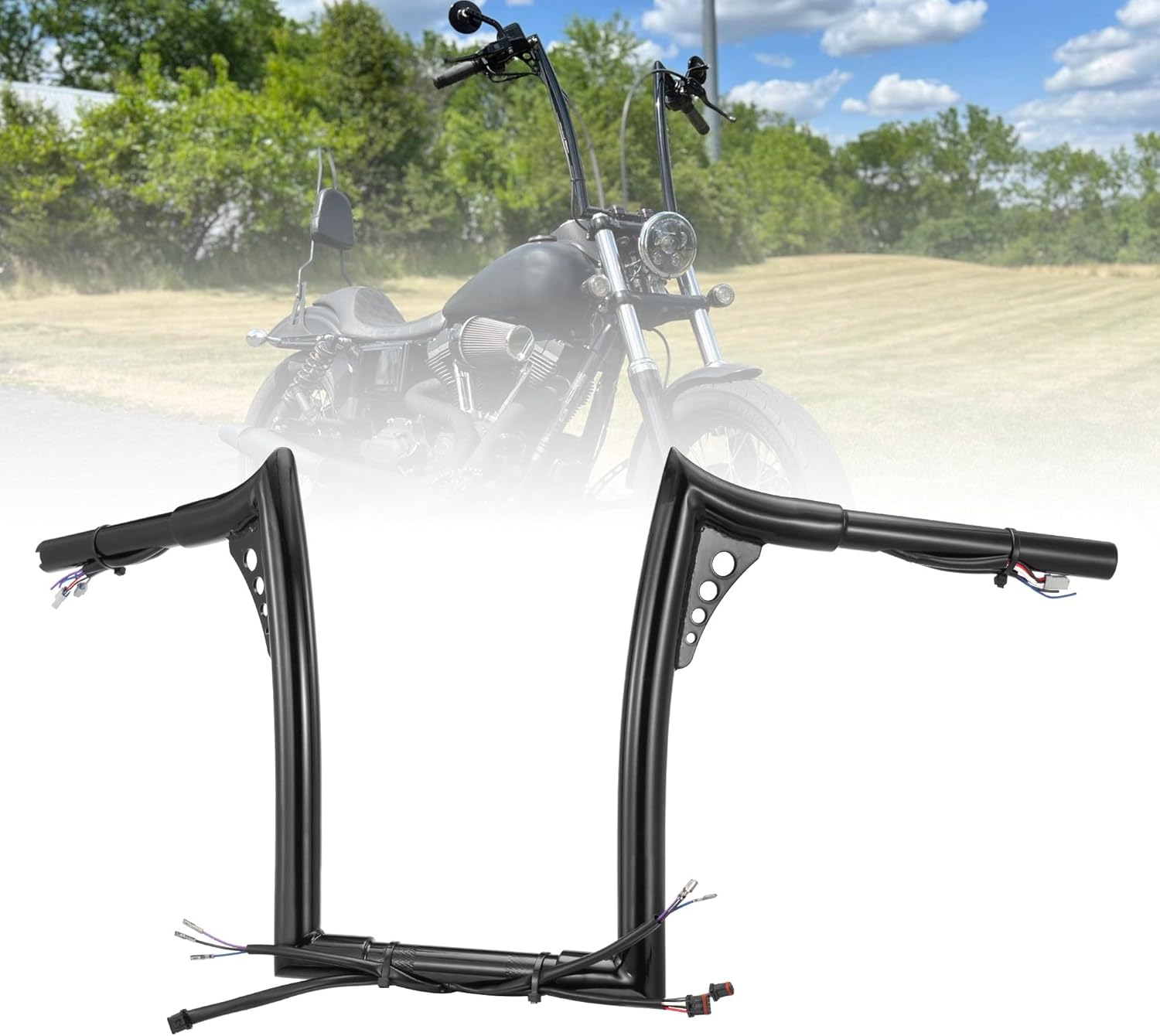 TIGERSGATE PRE-WIRED 12 inch Meathook Monkey Bar Street Bob Ape Hangers for Harley 14-22 Sportster XL 12-17 Dyna Softail ?Black? Black 12"