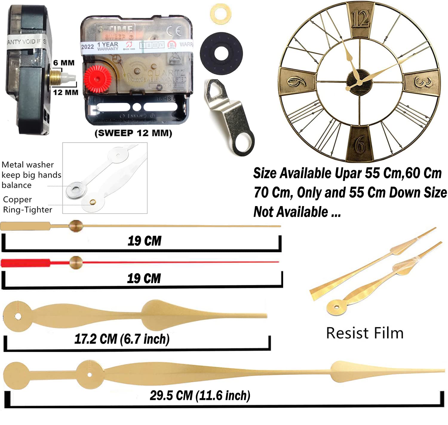 YONOTA® Plastic A Product of SONAM Quartz Sweep Silent Movement Machine for Analog Wall Clock (Hands house-17.2cm,minuted-29.5cm, second-19cm)(Needle -Gold,red 1) (Made in India 100%) Pack 1