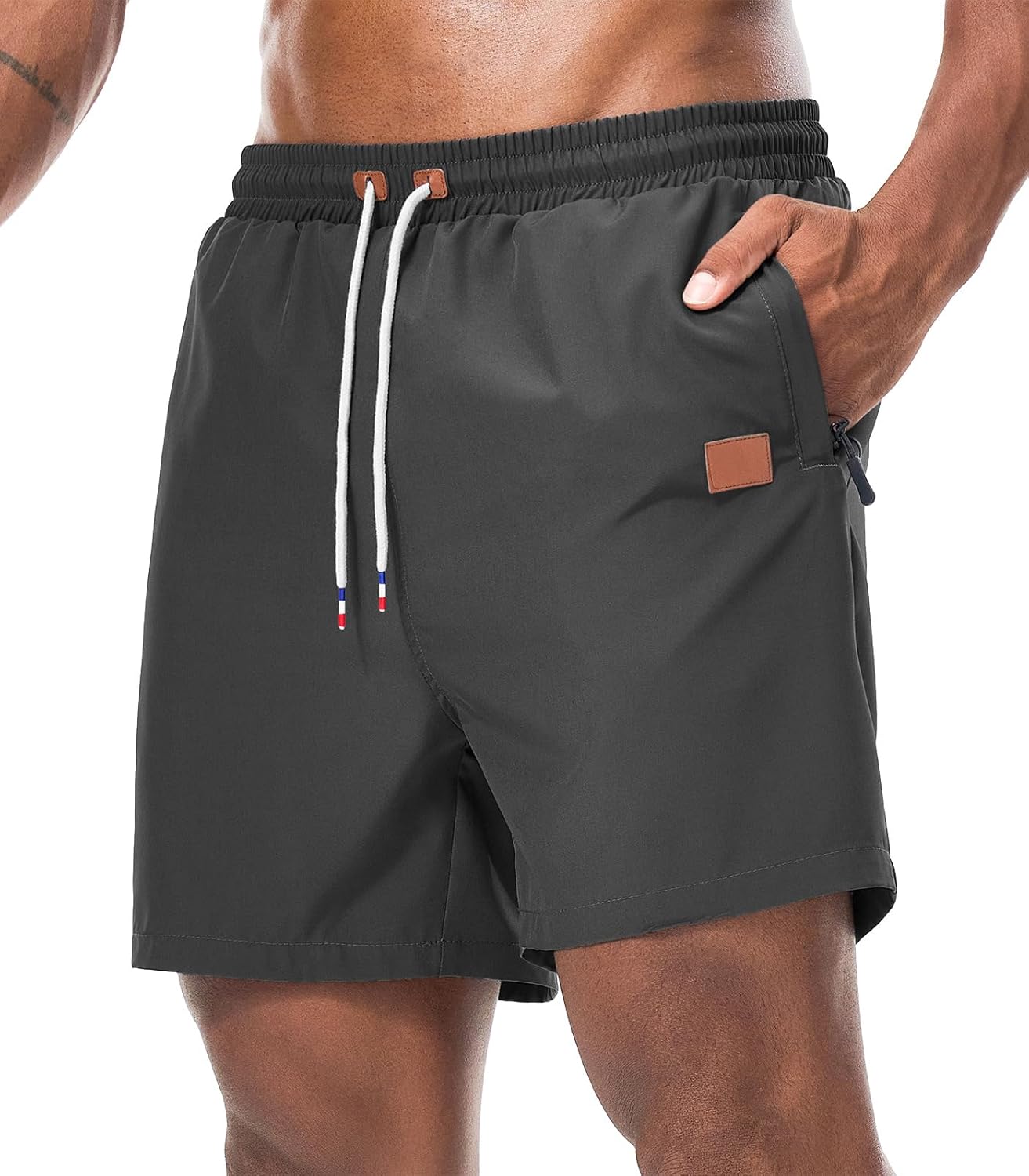 Surenow Mens Athletic Shorts Running Gym Shorts Casual Drawstring Elastic Shorts Stretch Summer Shorts with Zipper Pockets Gray