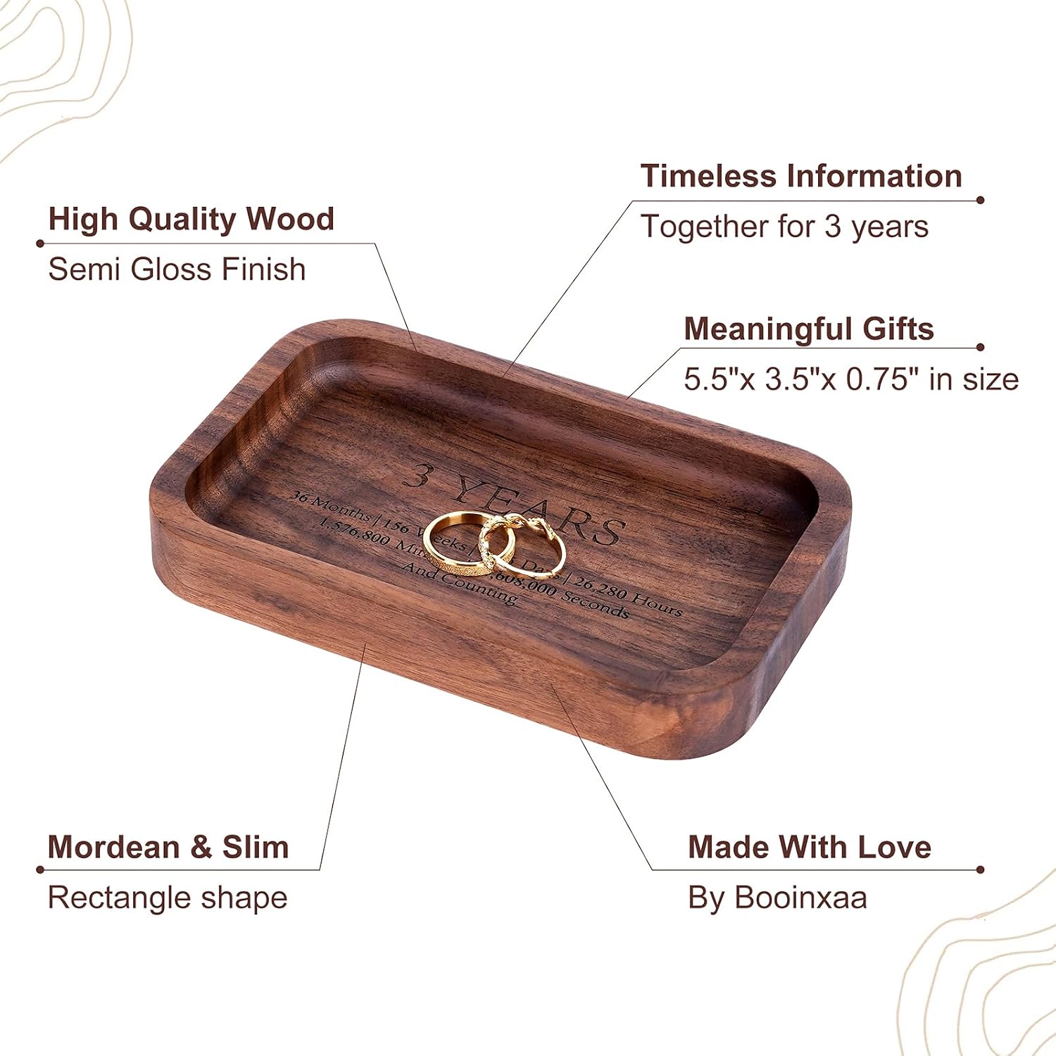 3 Years Anniversary Wood Tray Gifts for Him/Her, Wooden Engraved Ring Dish, Wood Trinket Dish for Wedding Anniversary, Birthday, Valentines Day Gifts for Husband, Wife - 5.5x3.5 Inch image 2